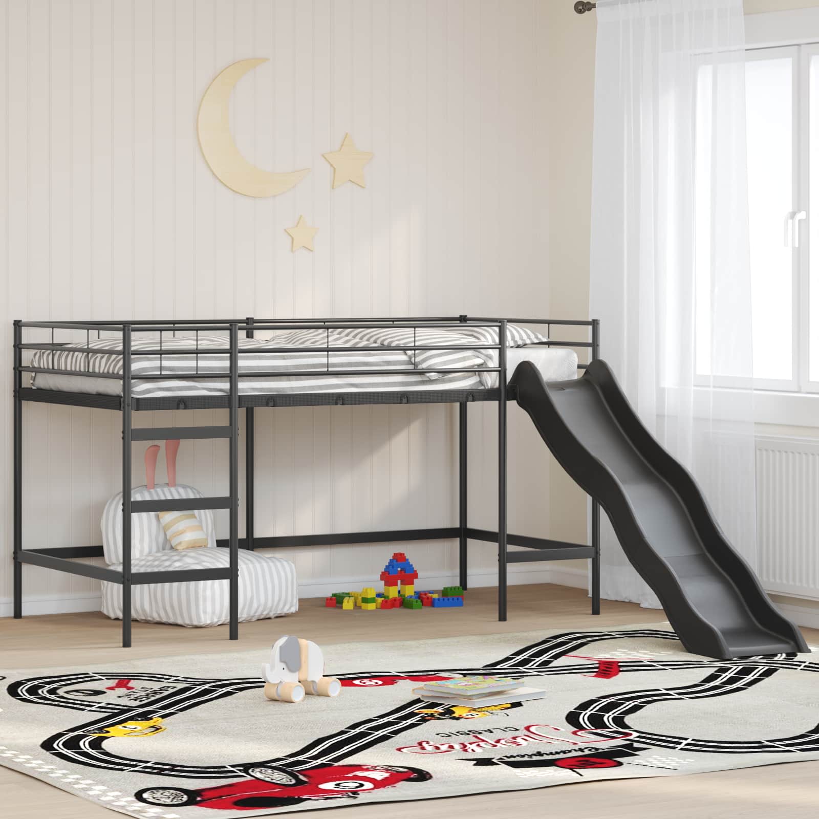 Lit superposé pour enfants avec toboggan Noir et anthracite - XIOS
