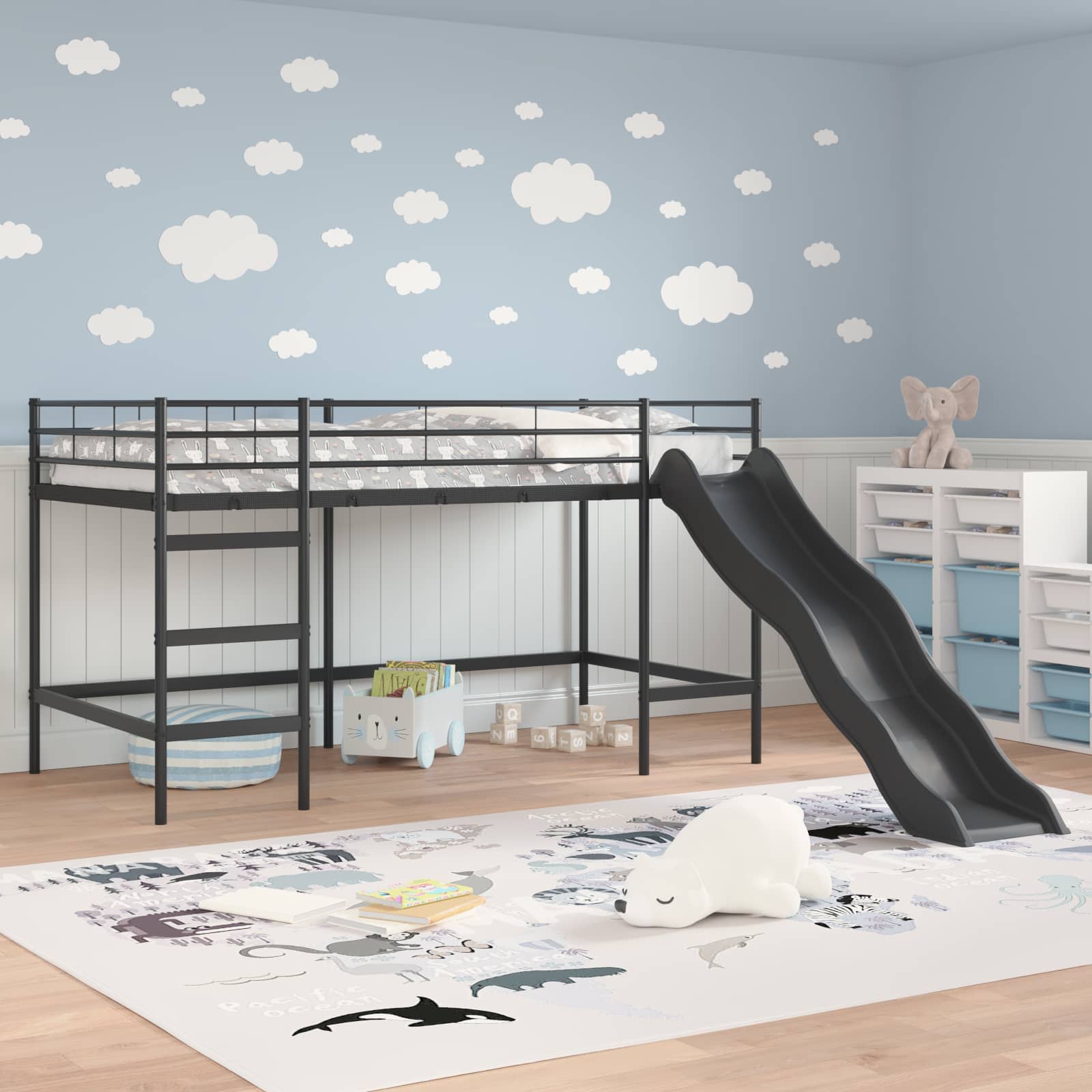 Lit superposé pour enfants avec toboggan Noir et anthracite - XIOS