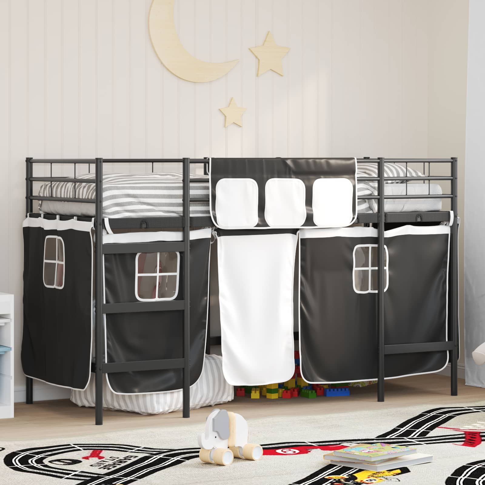 Cadre de Lit Mezzanine pour Enfants avec Rideaux Noir - XIOS