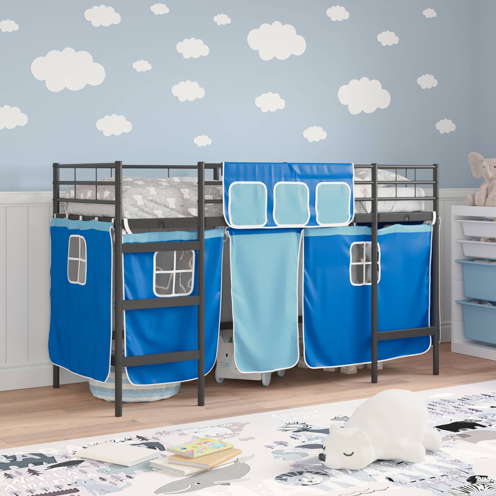 Cadre de Lit Mezzanine pour Enfants avec Rideaux Noir et Bleu - XIOS