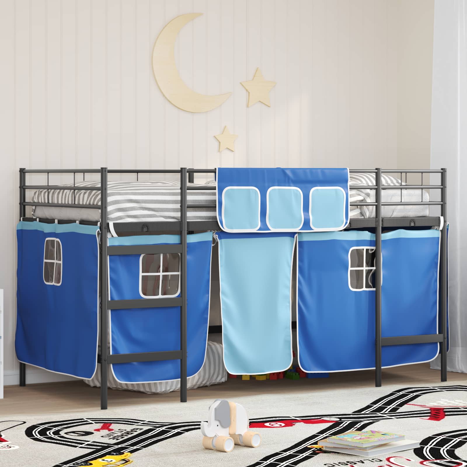 Cadre de Lit Mezzanine pour Enfants avec Rideaux Noir et Bleu - XIOS