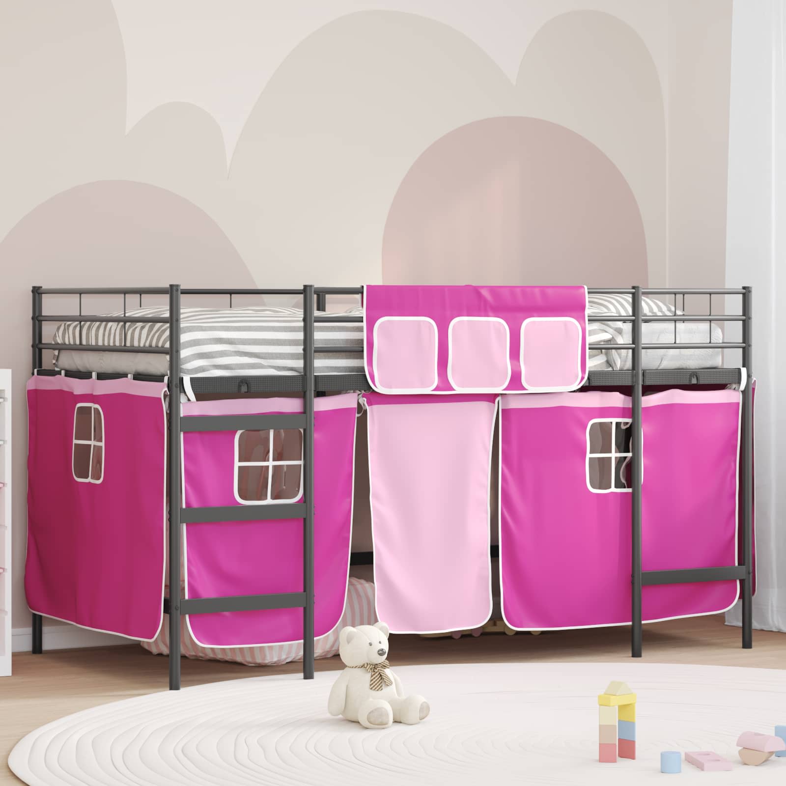 Cadre de Lit Mezzanine pour Enfants avec Rideaux Noir et rose - XIOS
