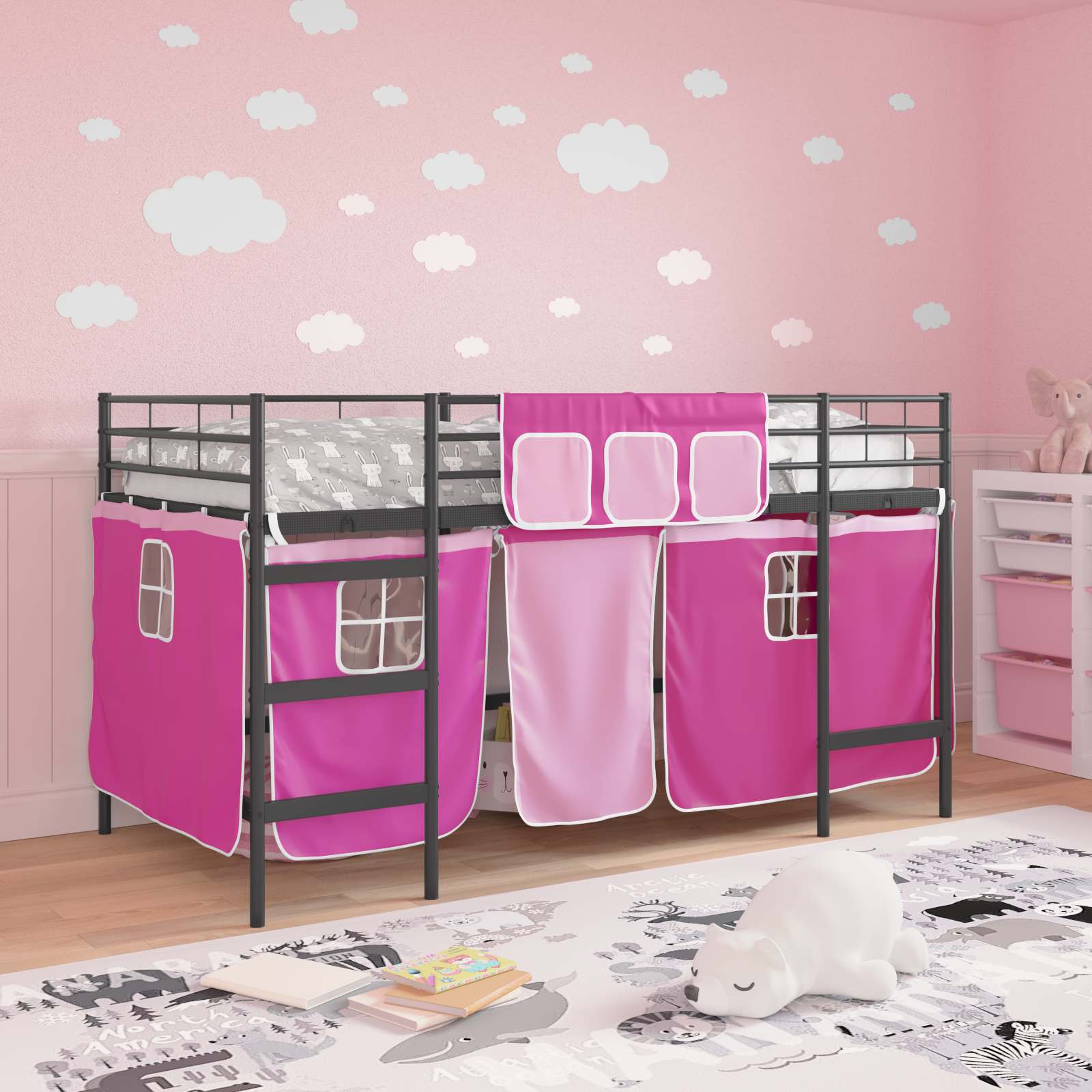 Cadre de Lit Mezzanine pour Enfants avec Rideaux Noir et rose - XIOS