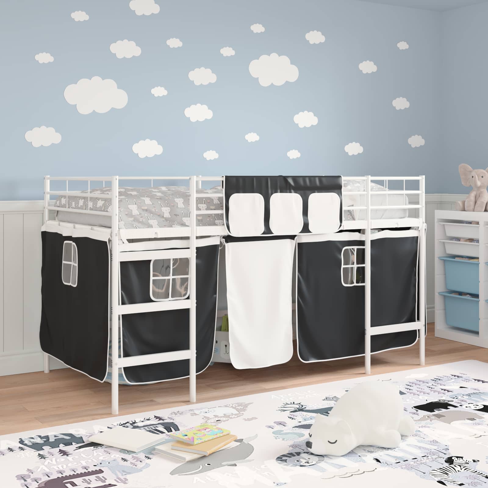Cadre de Lit Mezzanine pour Enfants avec Rideaux Blanc et Noir - XIOS