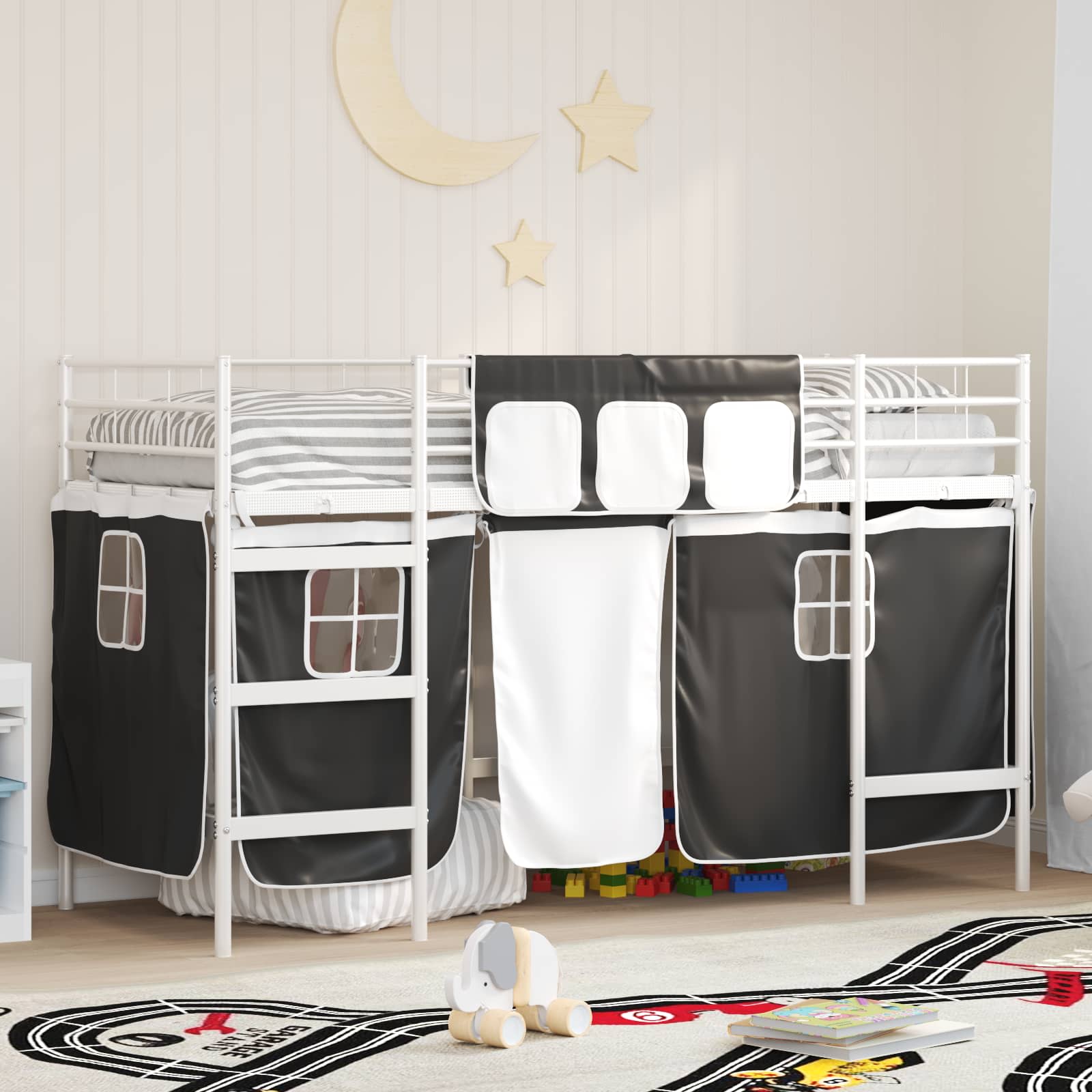 Cadre de Lit Mezzanine pour Enfants avec Rideaux Blanc et Noir - XIOS