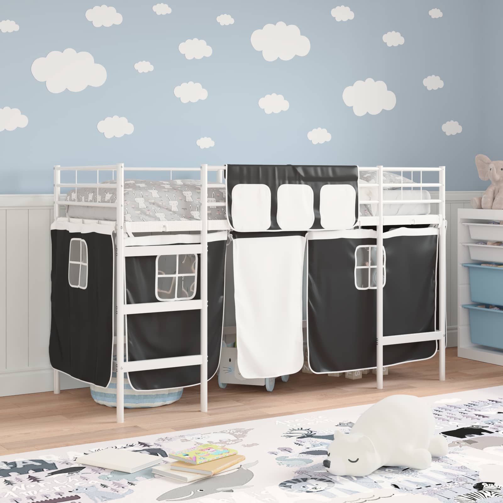 Cadre de Lit Mezzanine pour Enfants avec Rideaux Blanc et Noir - XIOS