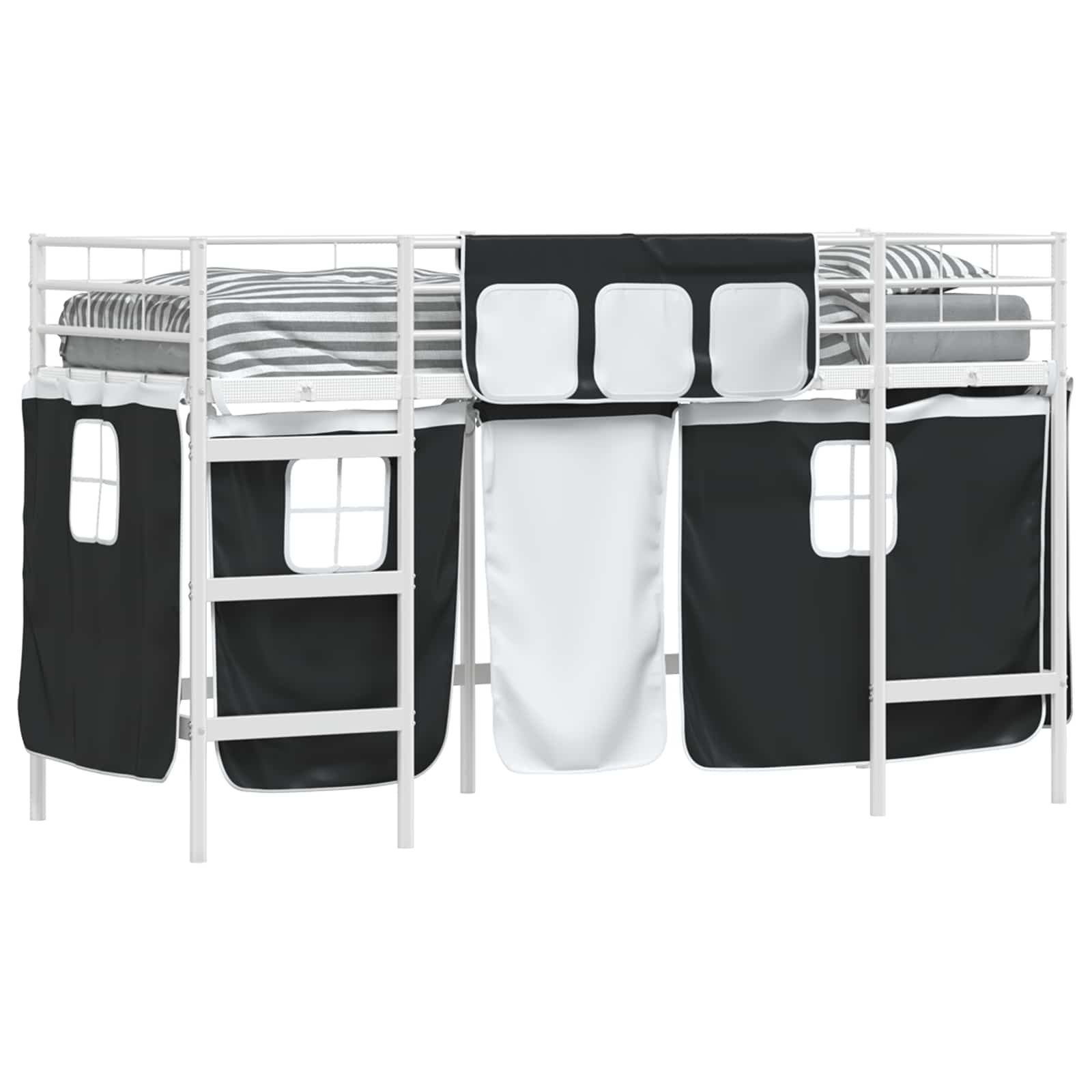 Cadre de Lit Mezzanine pour Enfants avec Rideaux Blanc et Noir - XIOS
