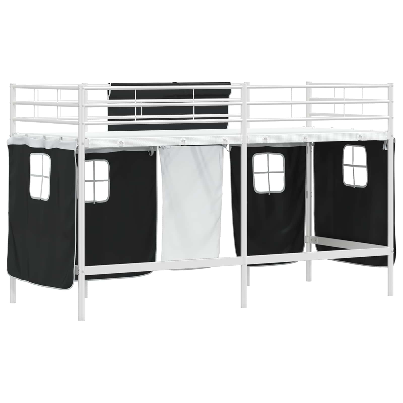 Cadre de Lit Mezzanine pour Enfants avec Rideaux Blanc et Noir - XIOS