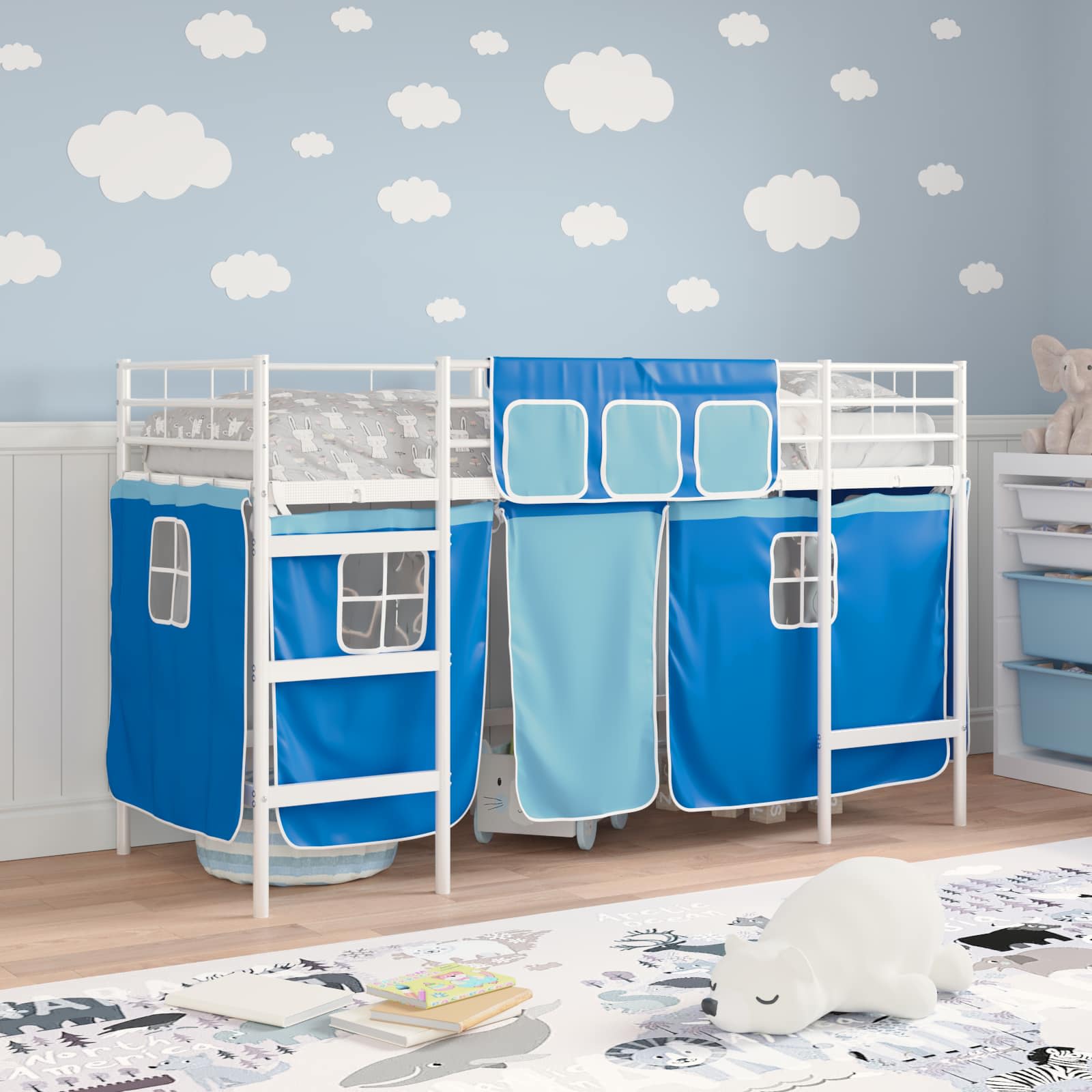 Cadre de Lit Mezzanine pour Enfants avec Rideaux Blanc et Bleu - XIOS