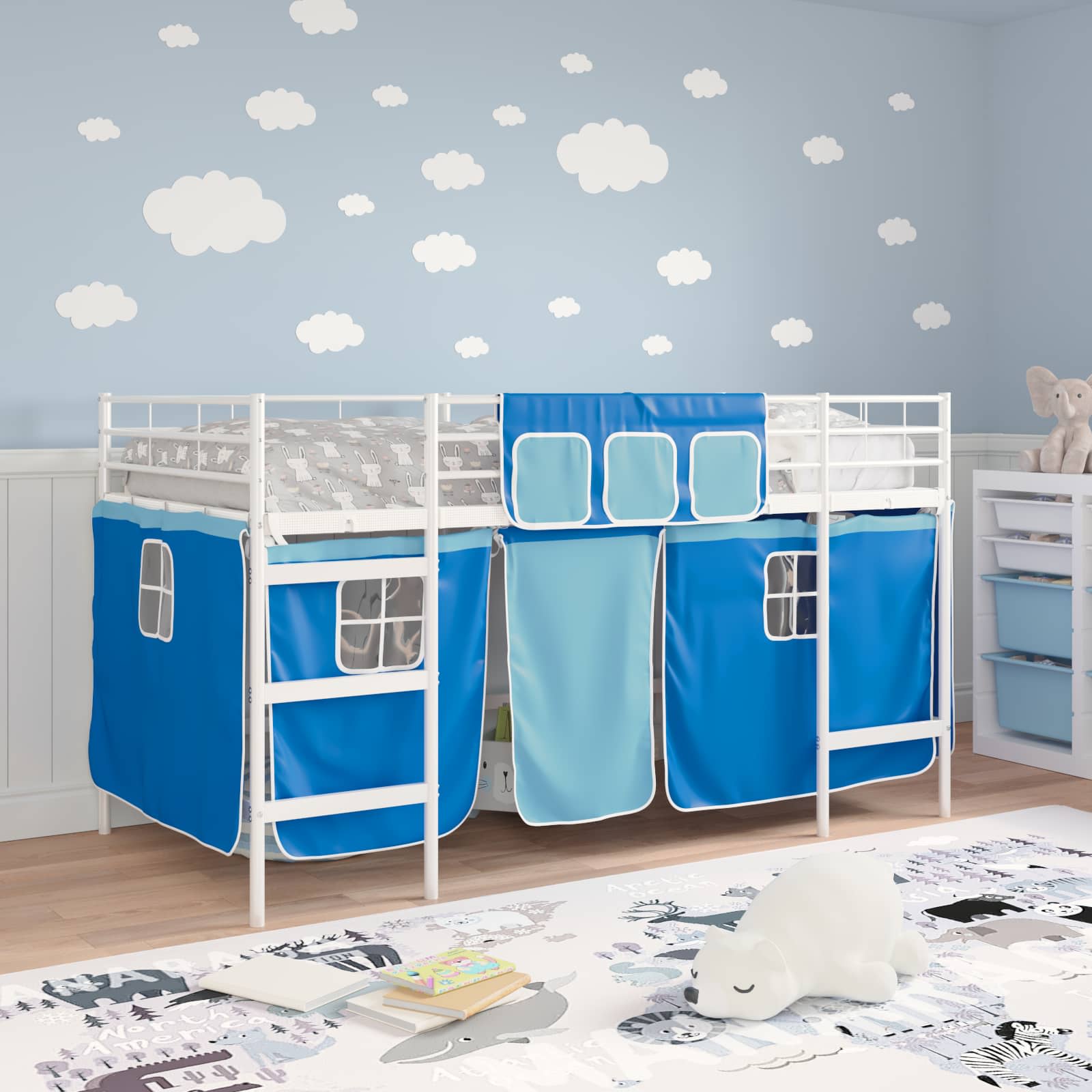 Cadre de Lit Mezzanine pour Enfants avec Rideaux Blanc et Bleu - XIOS