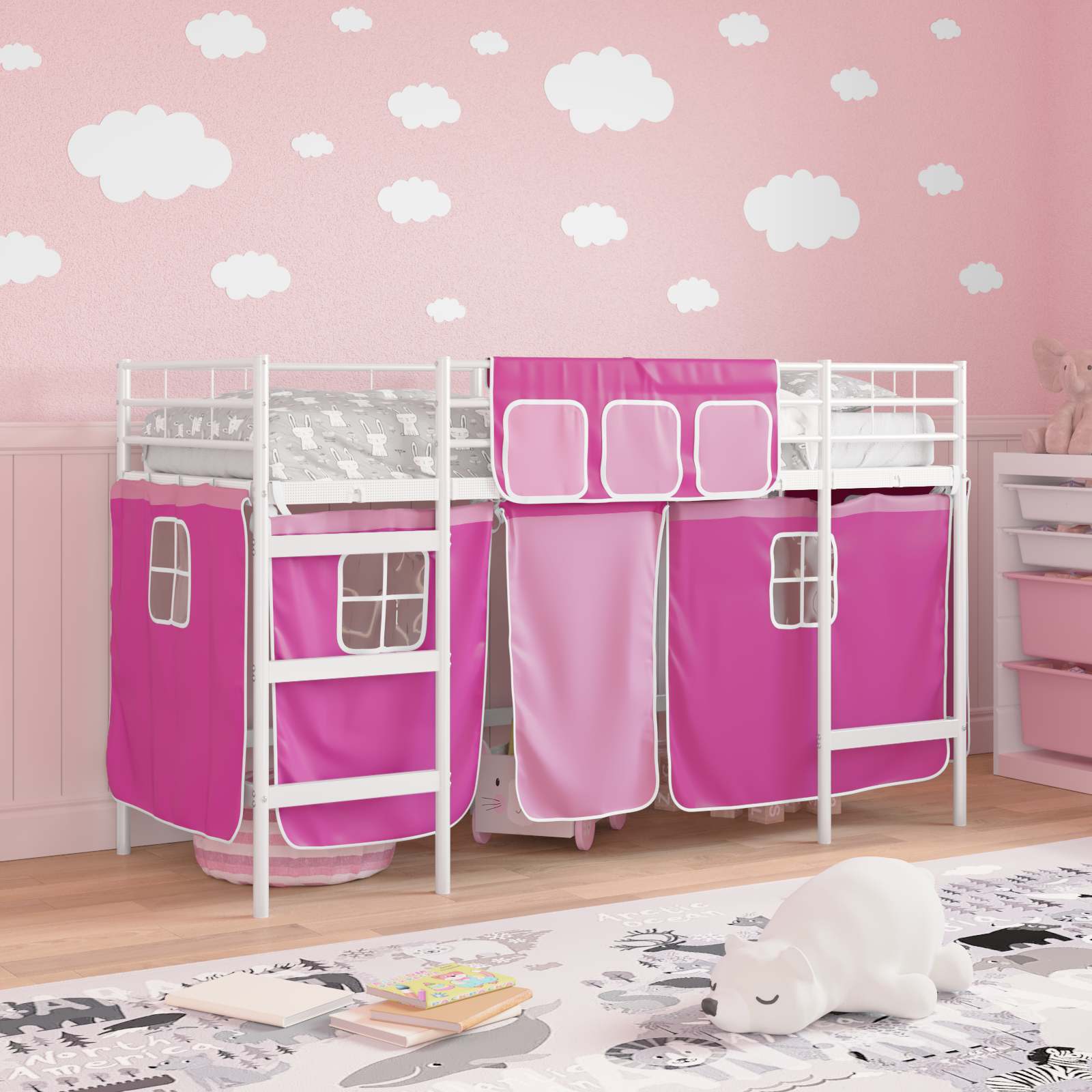 Cadre de Lit Mezzanine pour Enfants avec Rideaux Blanc et rose - XIOS