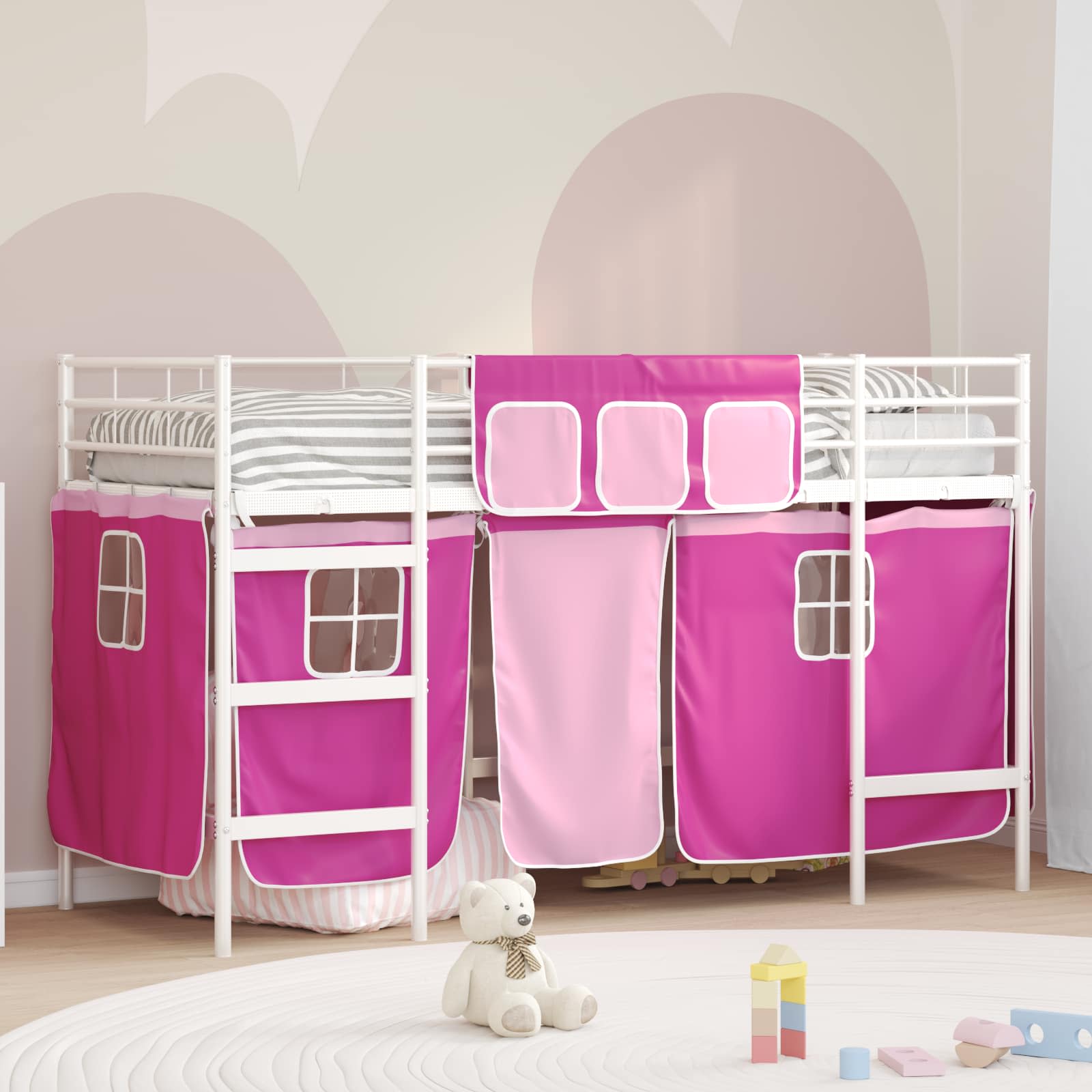 Cadre de Lit Mezzanine pour Enfants avec Rideaux Blanc et rose - XIOS