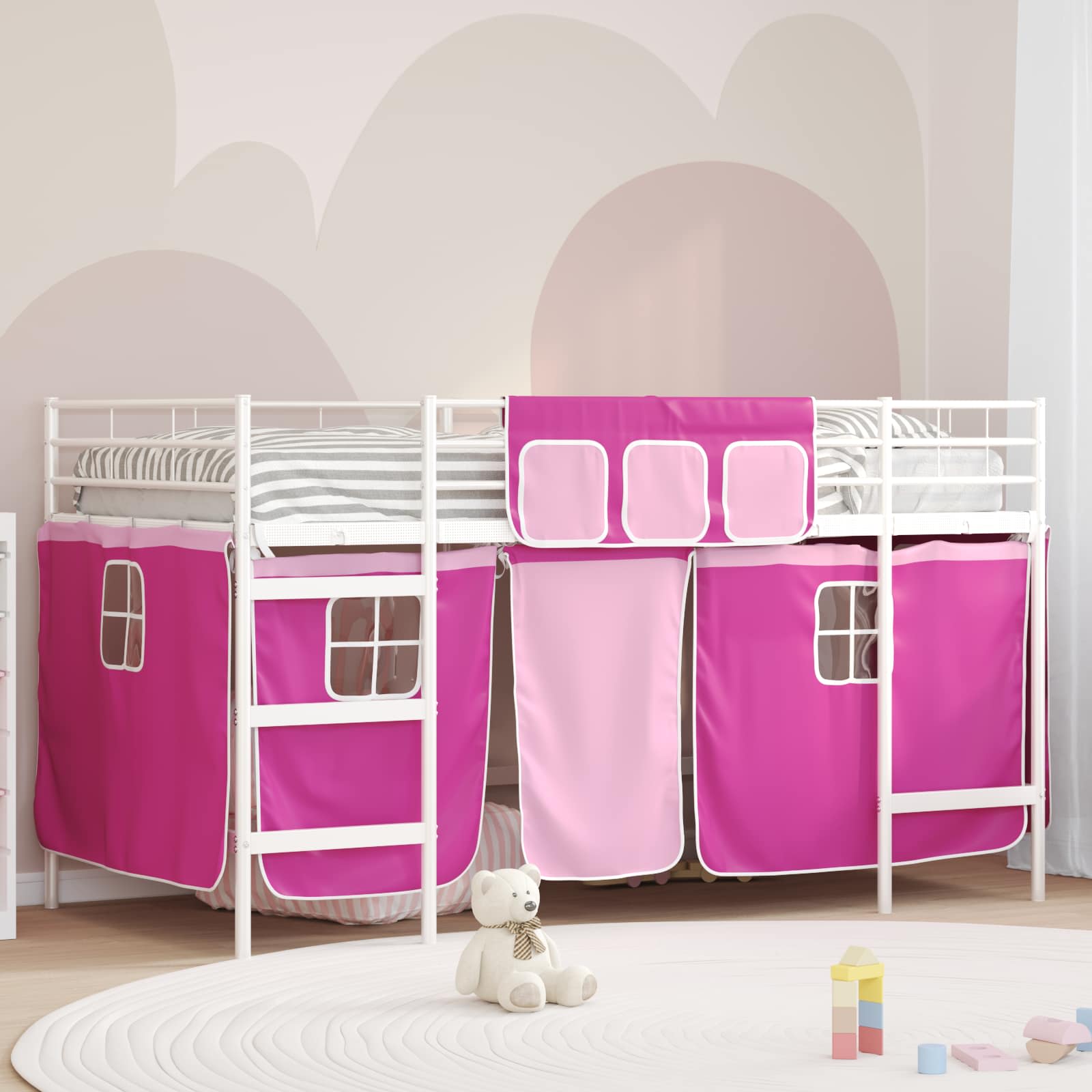 Cadre de Lit Mezzanine pour Enfants avec Rideaux Blanc et rose - XIOS