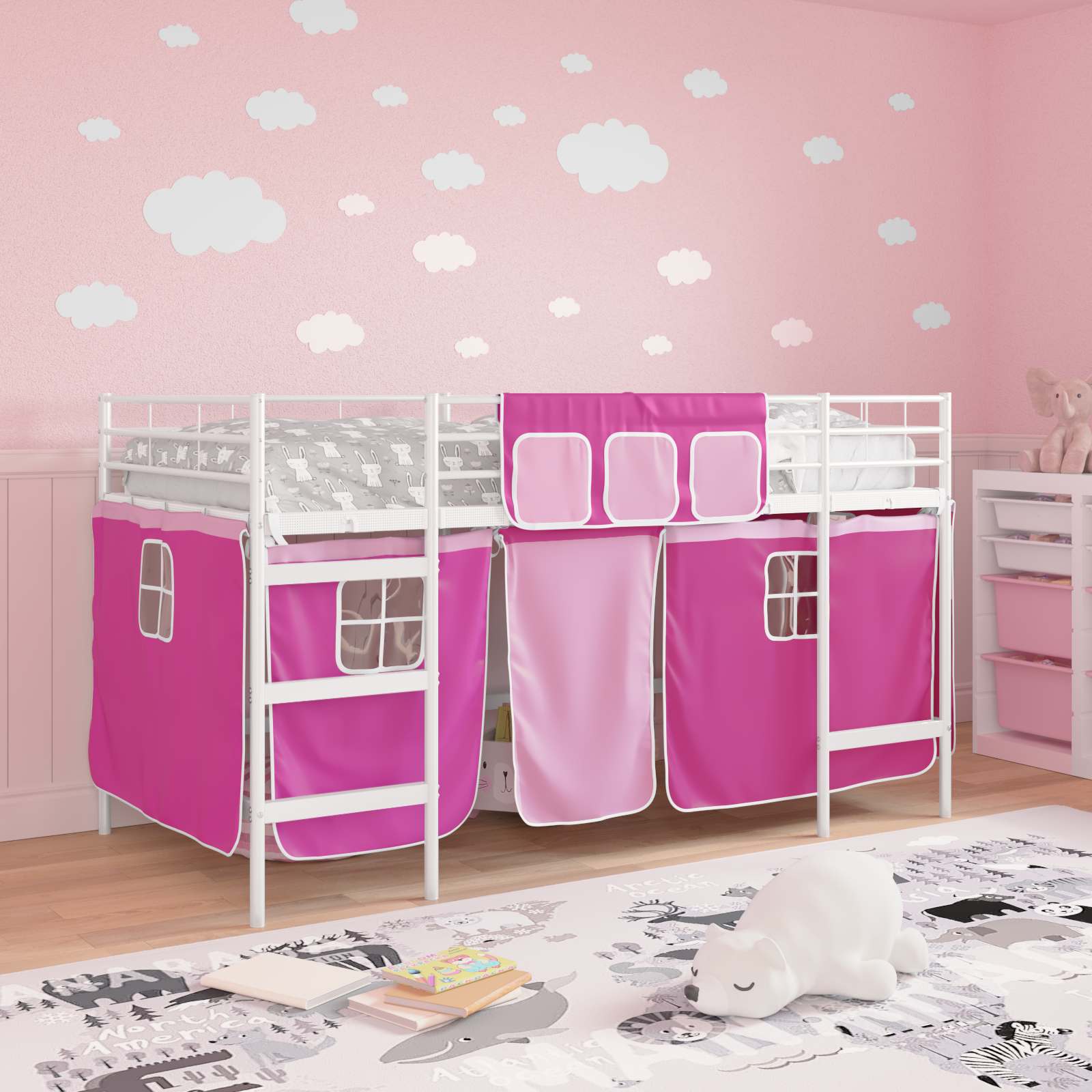 Cadre de Lit Mezzanine pour Enfants avec Rideaux Blanc et rose - XIOS