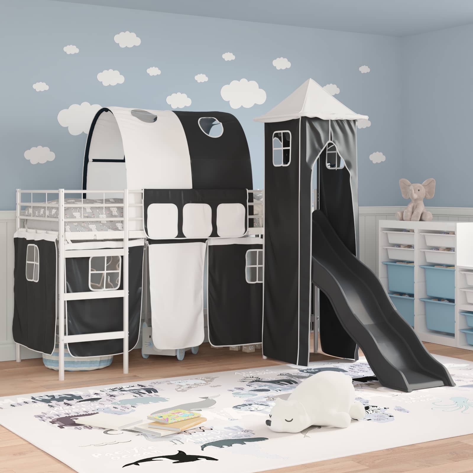 Lit mezzanine pour enfants Blanc et Noir 100 x 190 cm Métал - XIOS