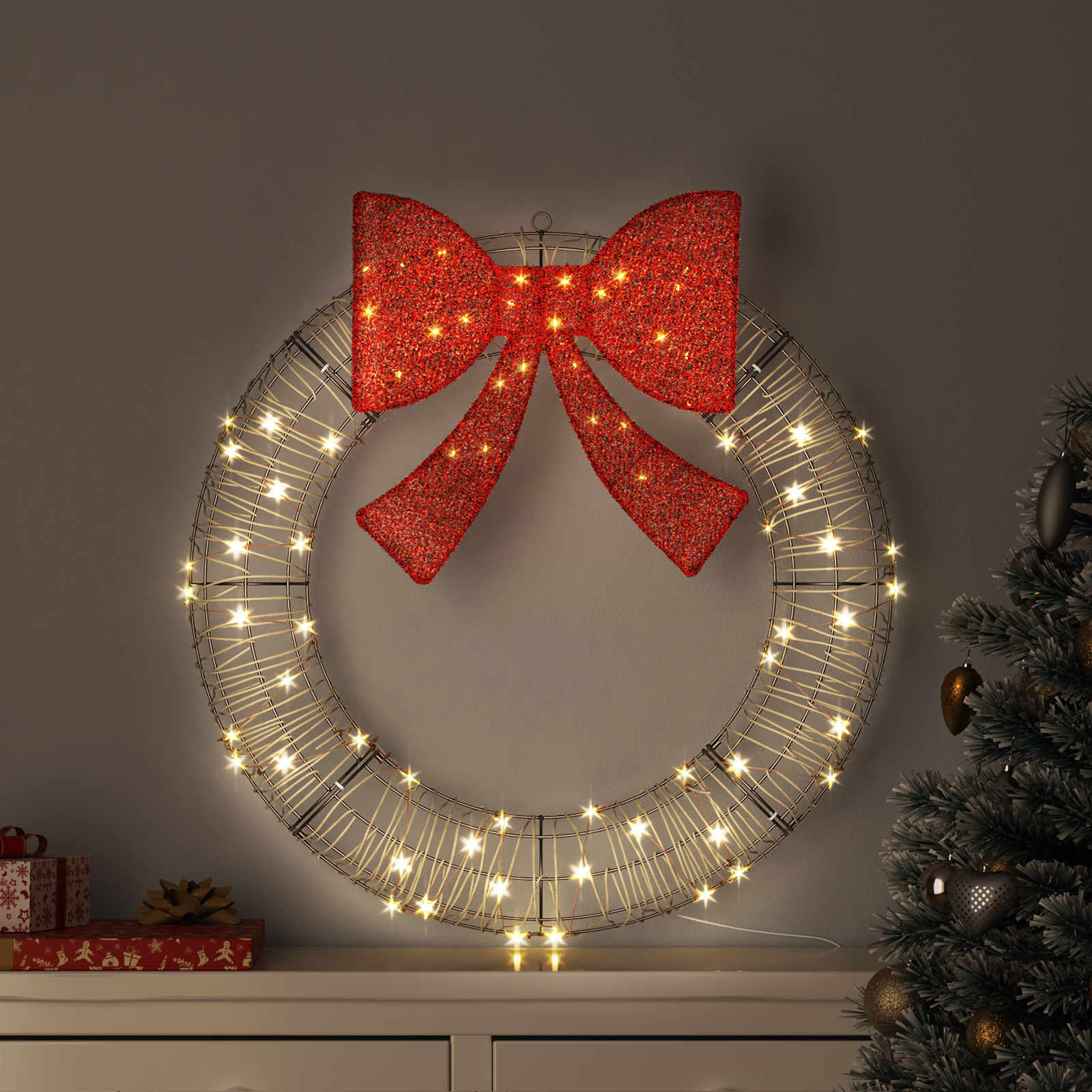 Couronne avec 80 LED Blanc chaud 90 x 90 x 9 cm Rotin - XIOS