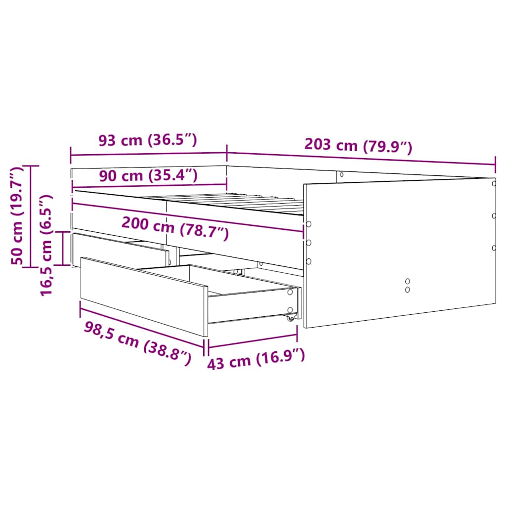 Cadre de lit avec tiroir Chêne noir 90 x 200 cm Pin massif - XIOS