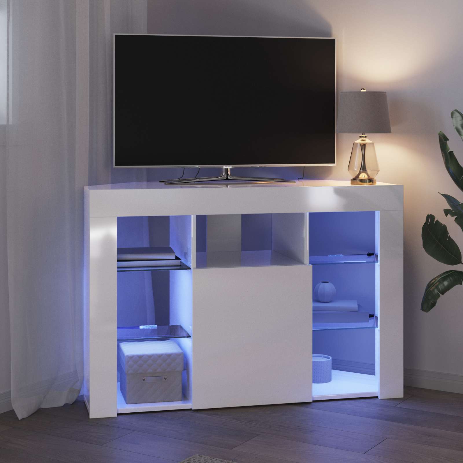 Meuble TV LED d'Angle Montage mural Blanc brillant 100x40x68cm