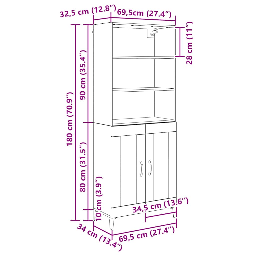Haut Armoire 2 pc chêne artisanal 69,5 x 34 x 180 cm