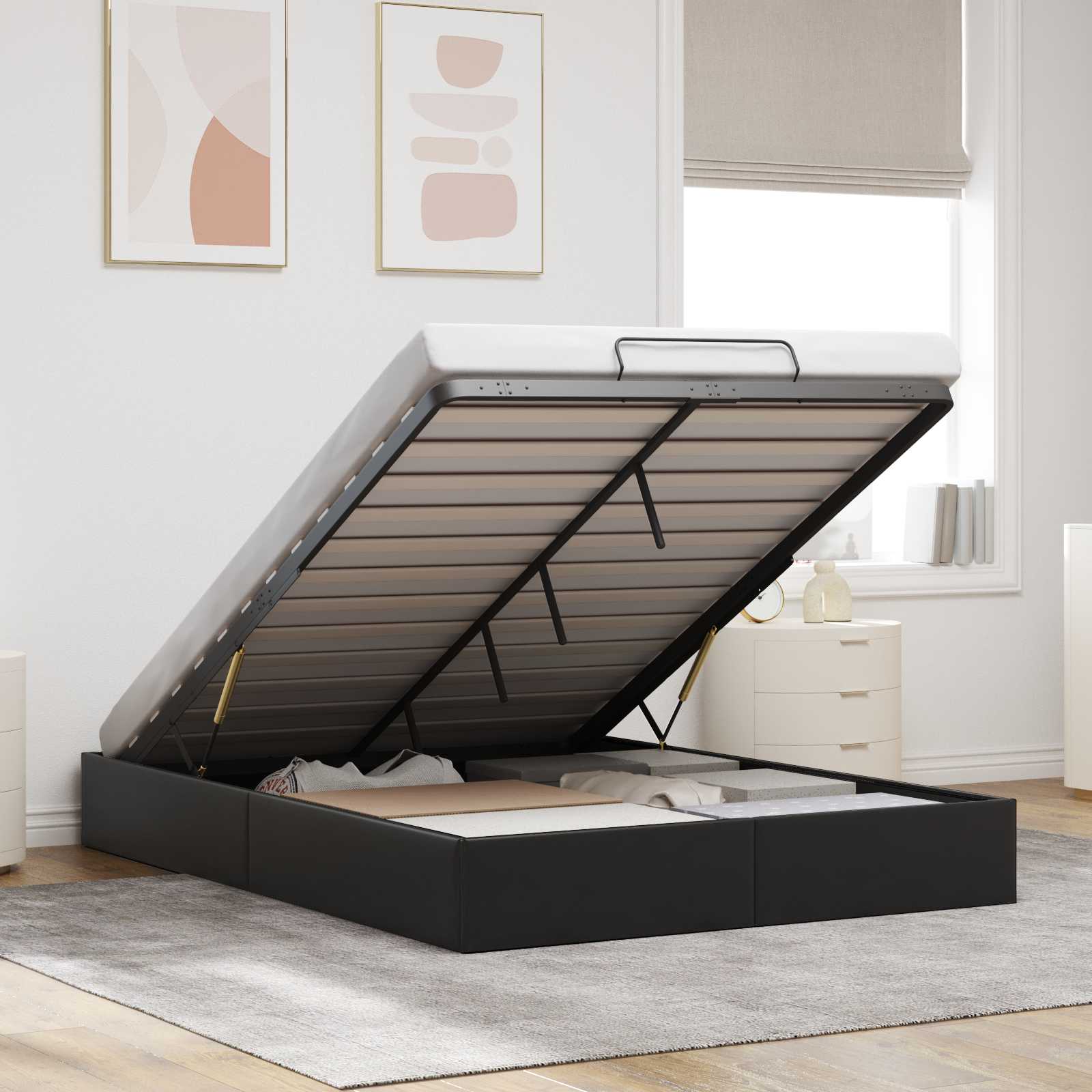 Cadre de lit ottoman Noir Lit double classique Simili cuir - XIOS