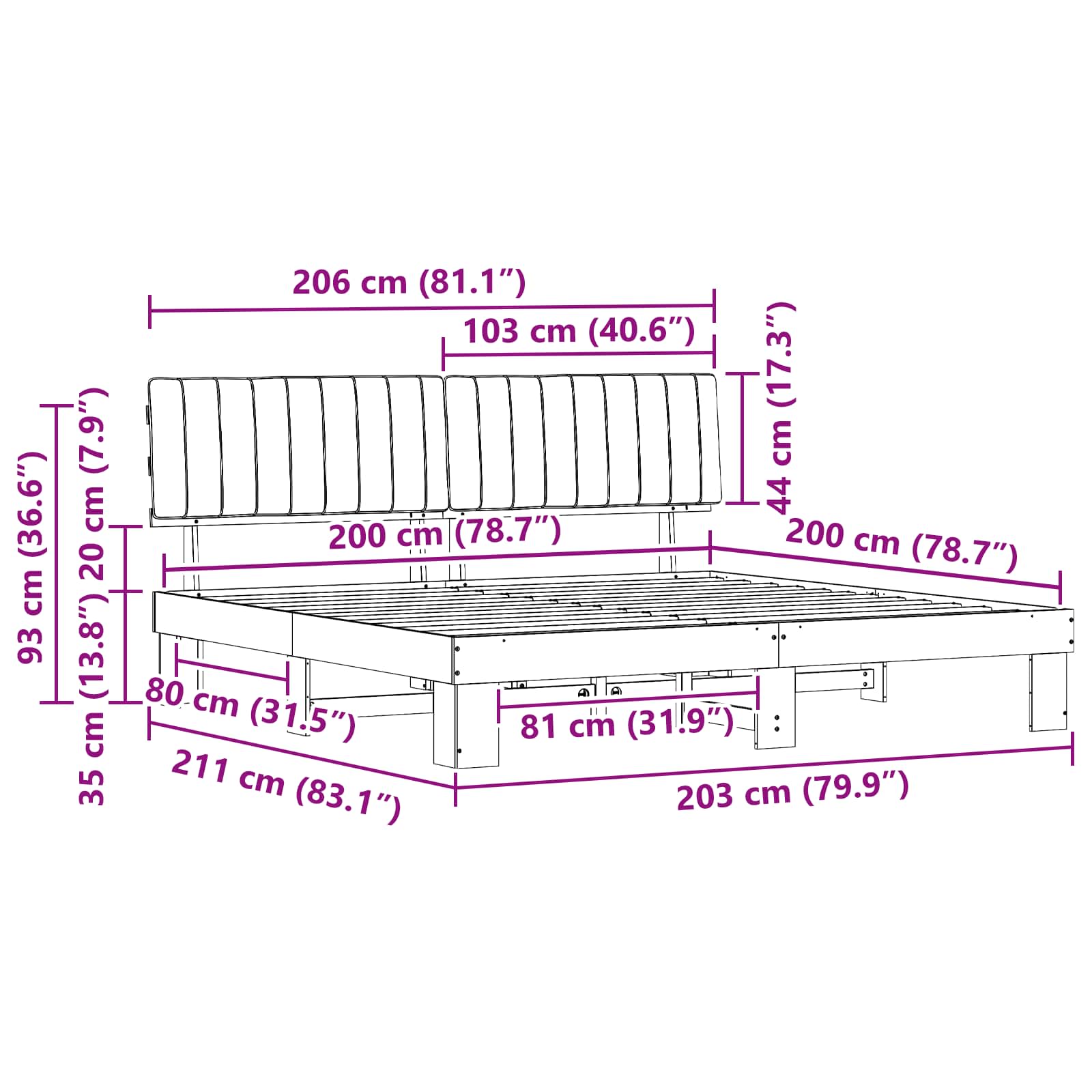Cadre de lit avec tête de lit rembourrée Noir 200 x 200 cm - XIOS