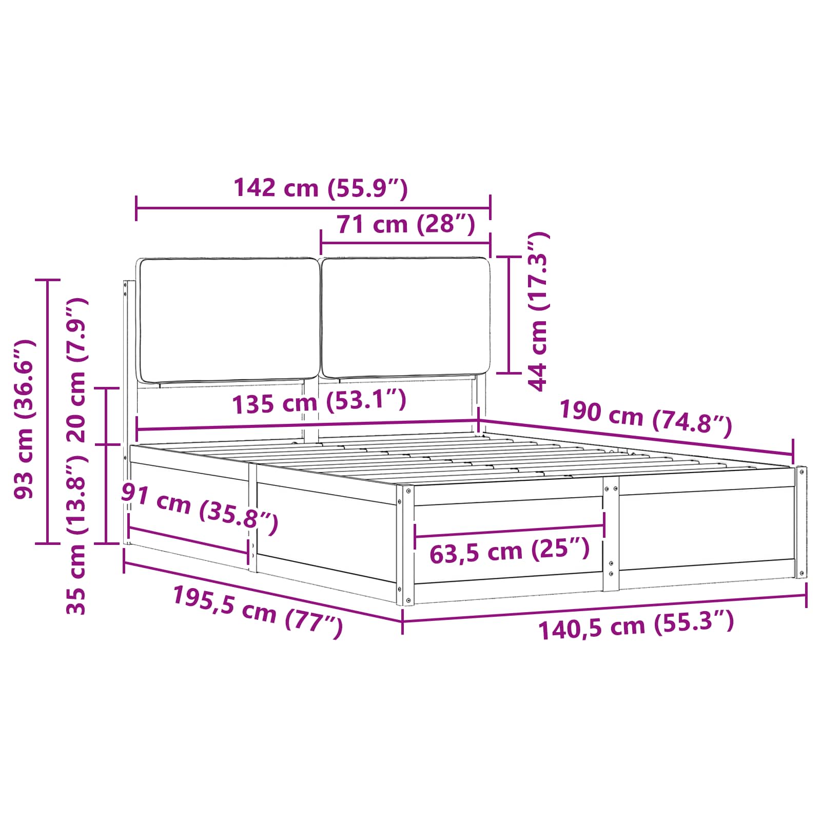 Cadre de lit avec tête de lit rembourrée Taupe 135 x 190 cm - XIOS