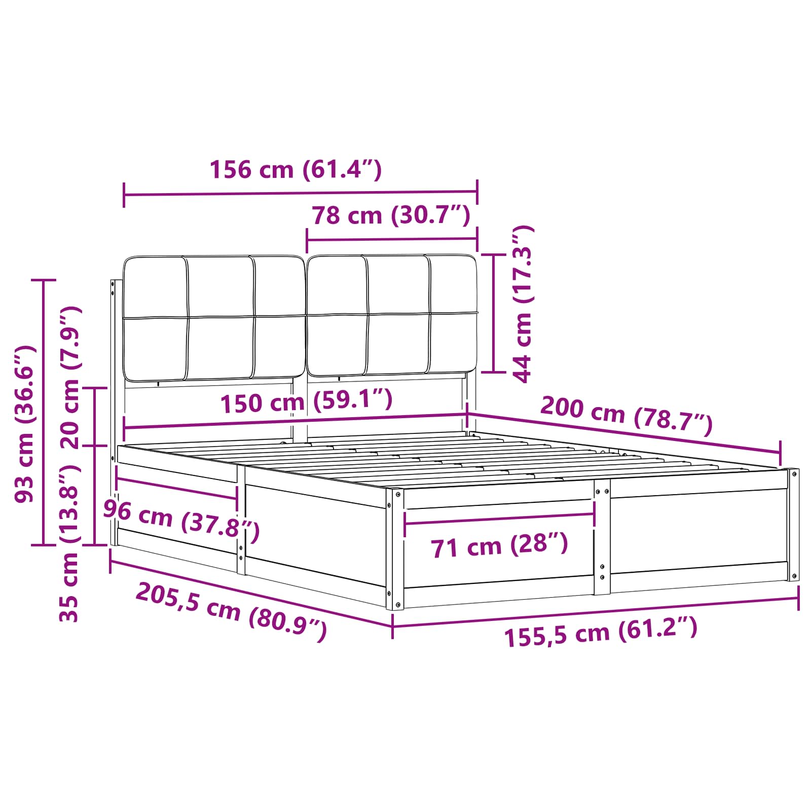 Cadre de lit avec tête de lit rembourrée Taupe 150 x 200 cm - XIOS
