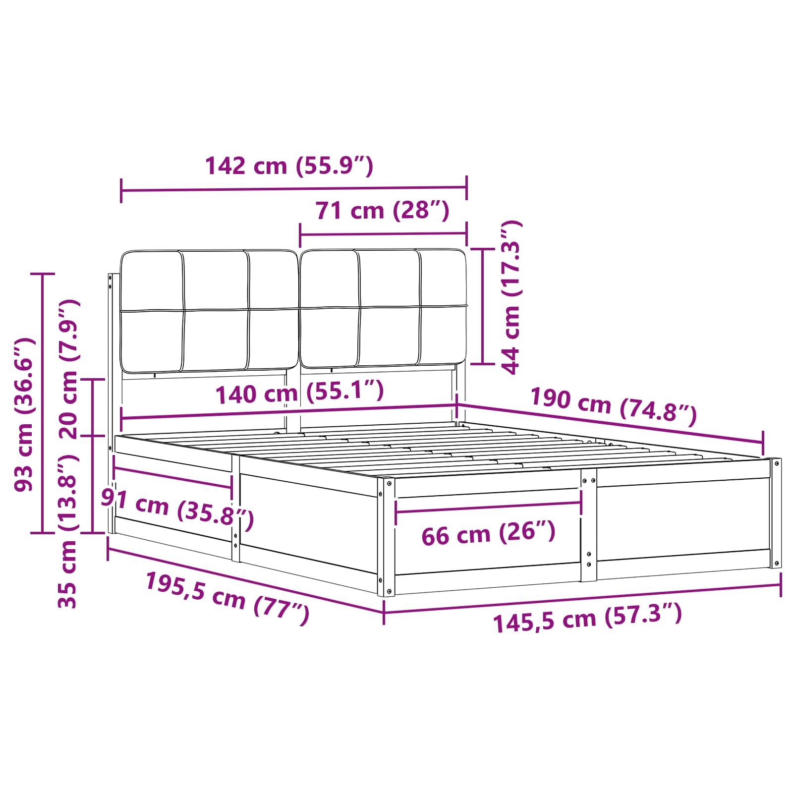 Cadre de lit avec tête de lit rembourrée Taupe 140 x 190 cm - XIOS