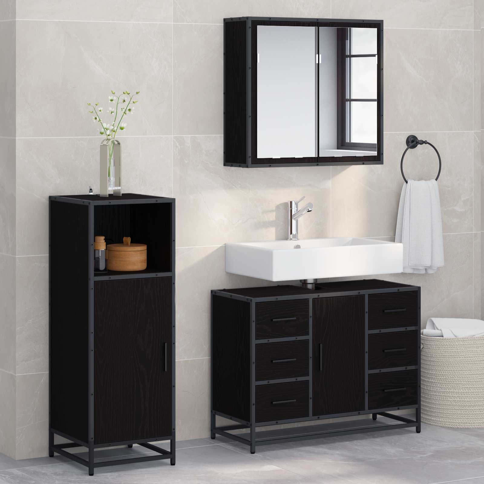 Ensemble de mobilier de salle de bain 3 pc Chêne noir