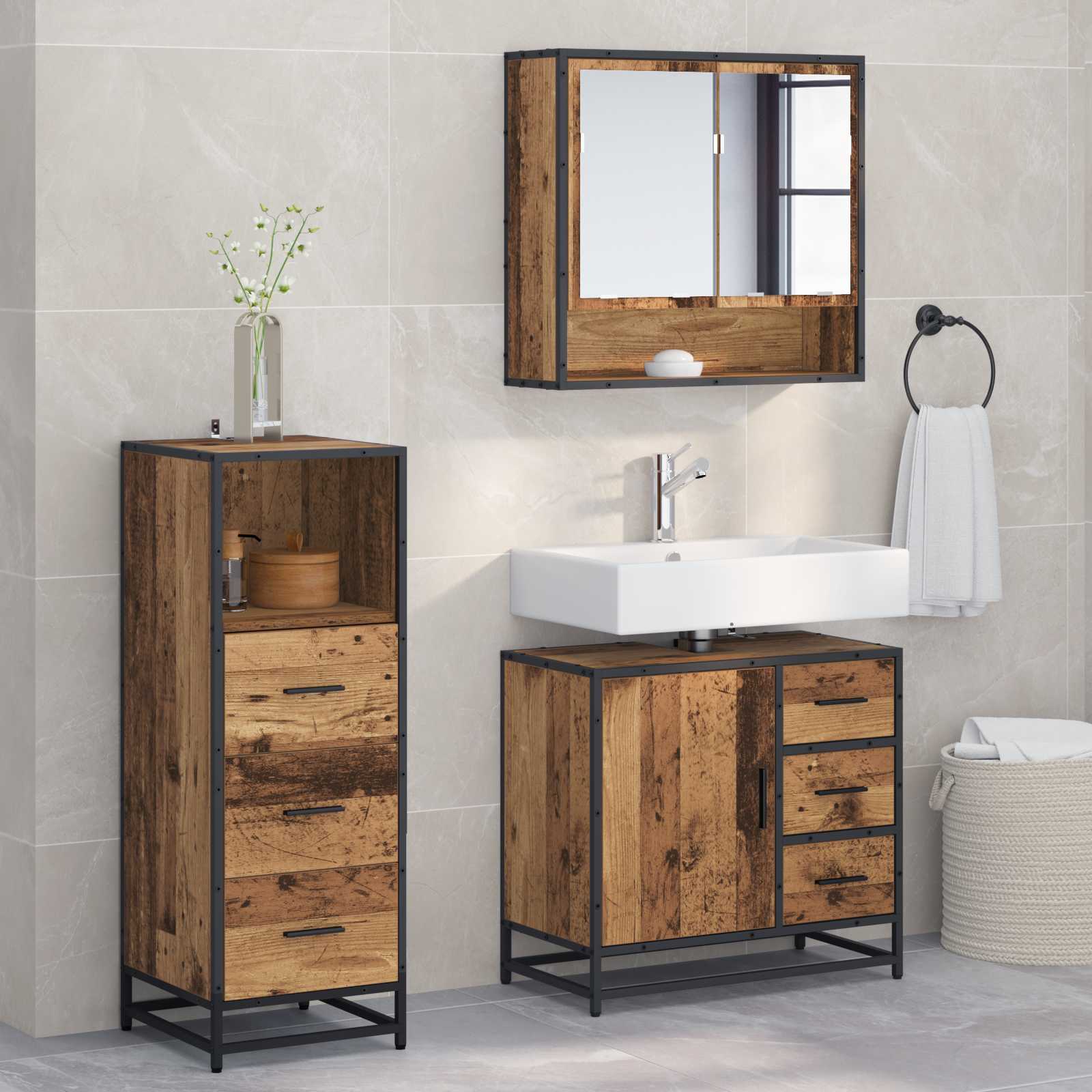 Ensemble de mobilier de salle de bain 3 pc Bois Ancien
