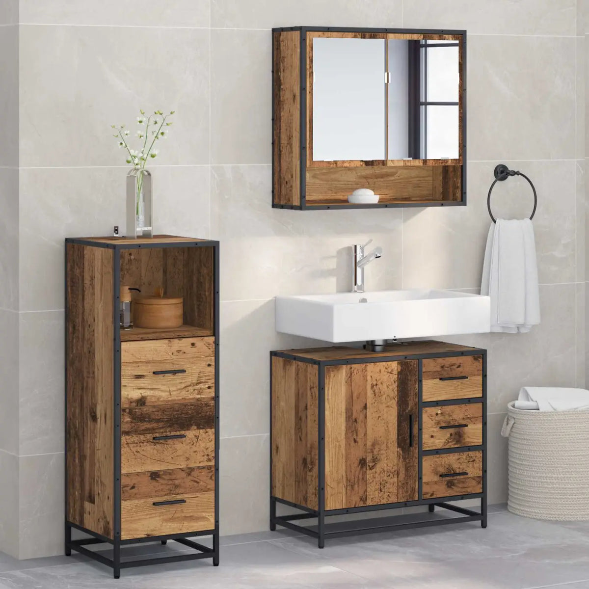 Ensemble de mobilier de salle de bain 3 pc Bois Ancien - XIOS