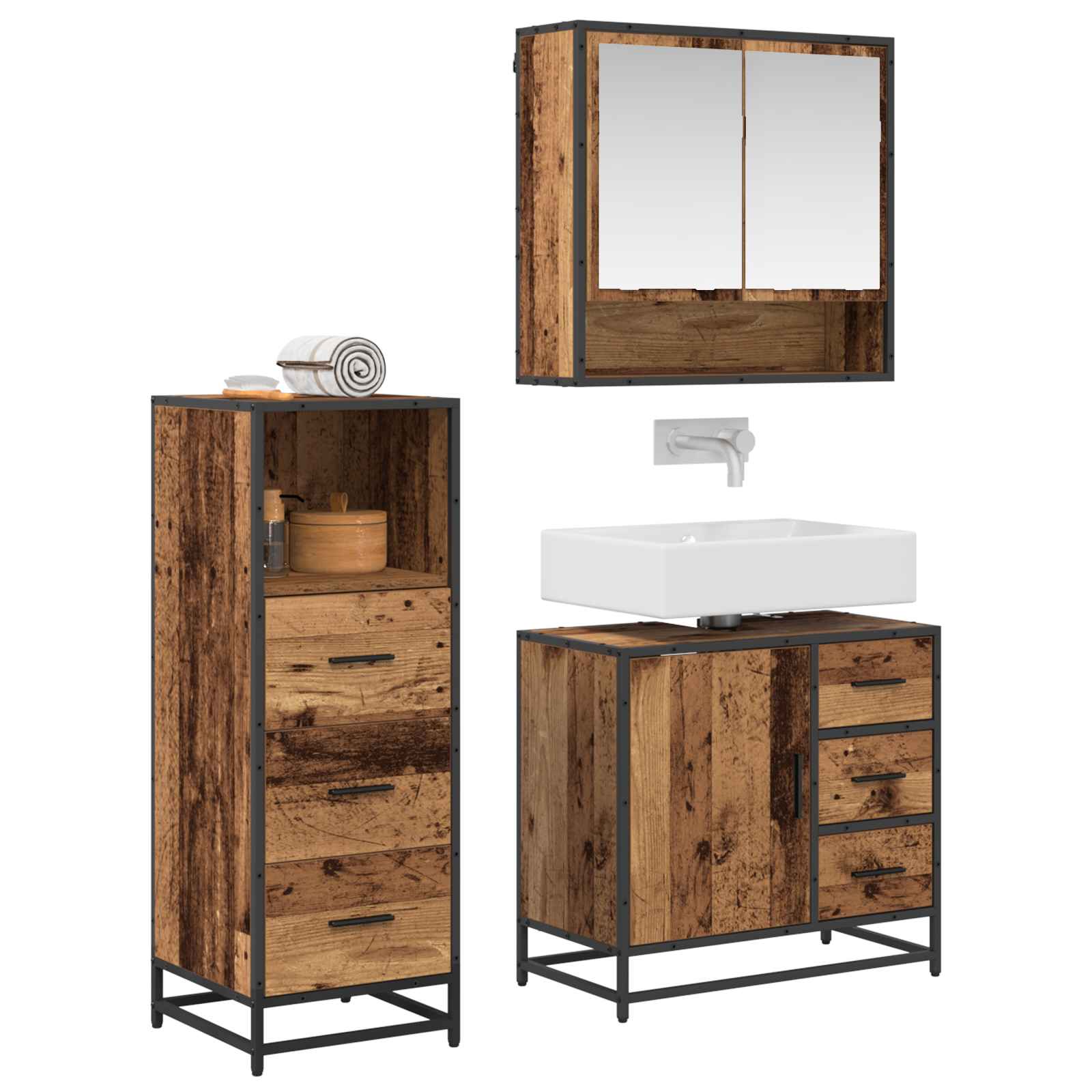 Ensemble de mobilier de salle de bain 3 pc Bois Ancien
