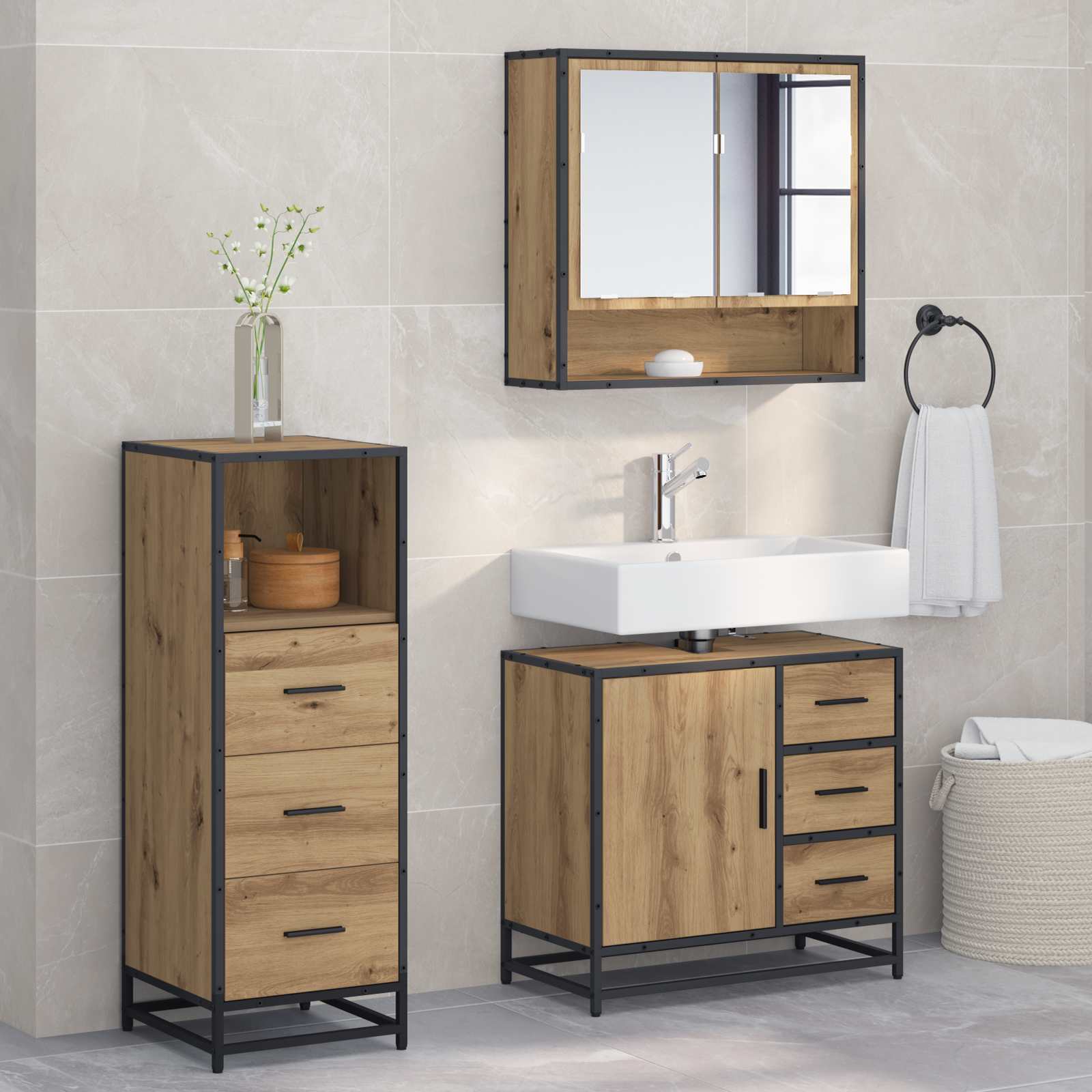 Ensemble de mobilier de salle de bain 3 pc Chêne artisanal