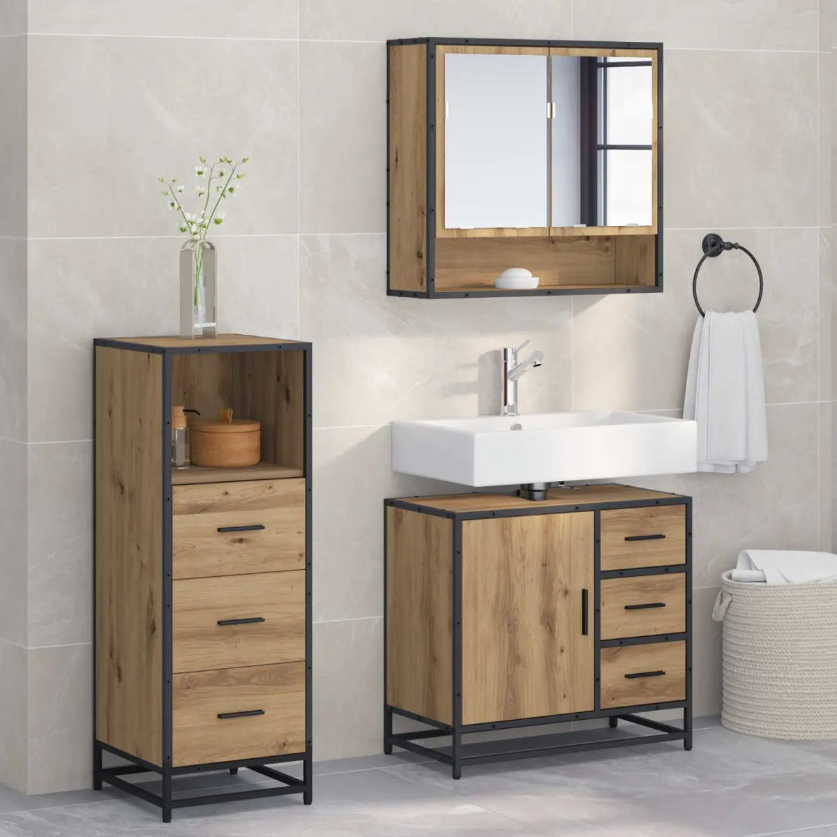 Ensemble de mobilier de salle de bain 3 pc Chêne artisanal - XIOS