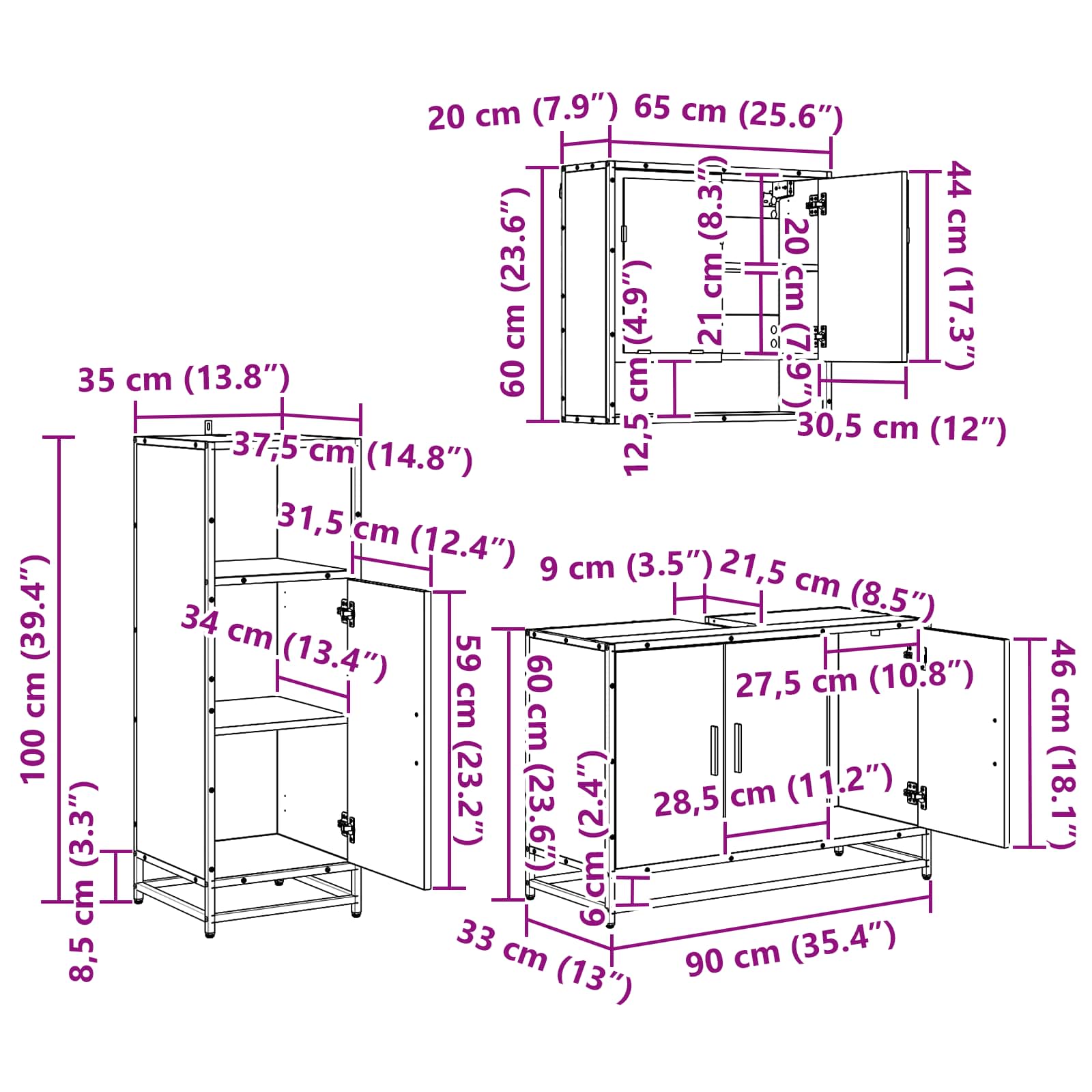 Ensemble de mobilier de salle de bain 3 pc Chêne noir