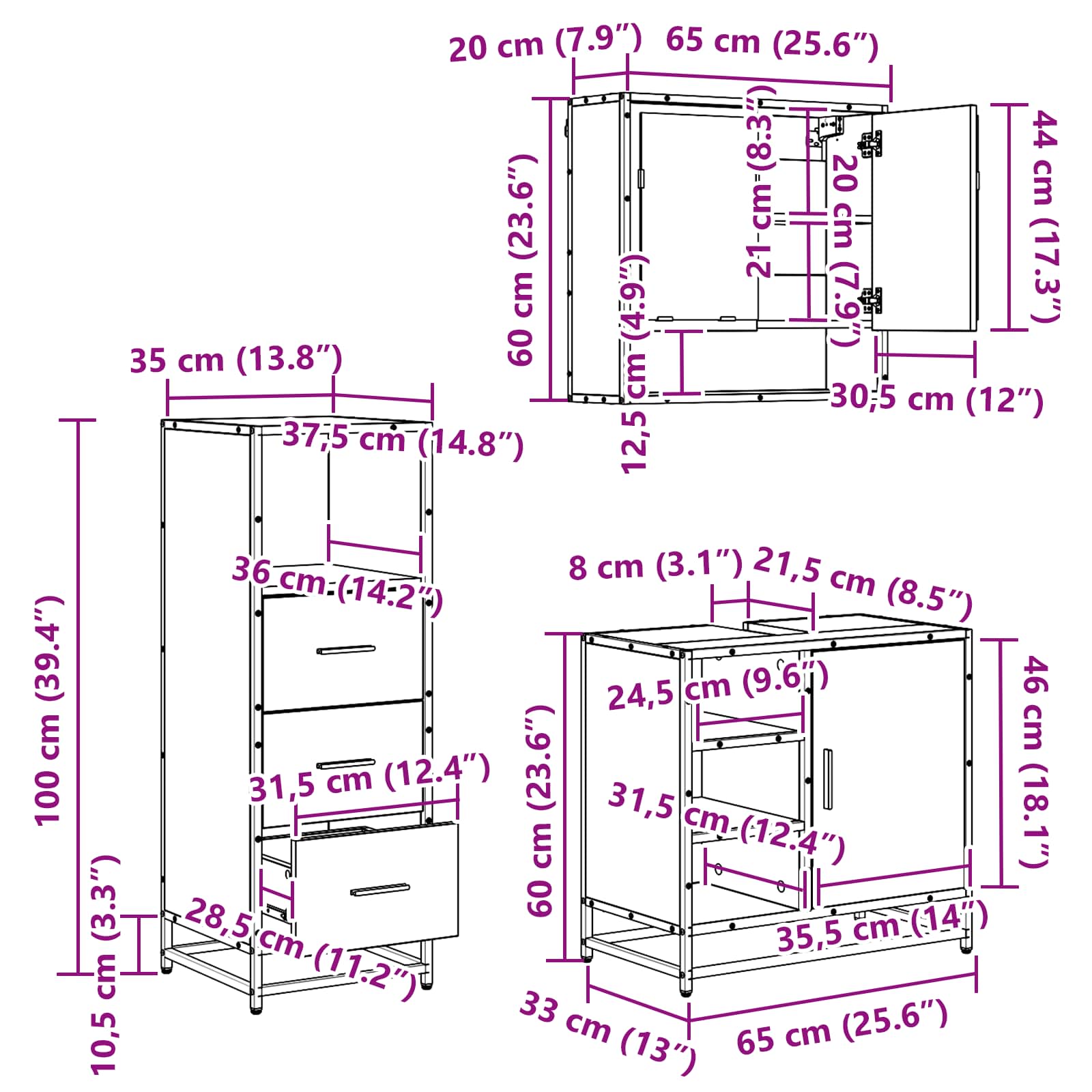 Ensemble de mobilier de salle de bain 3 pc Bois Ancien