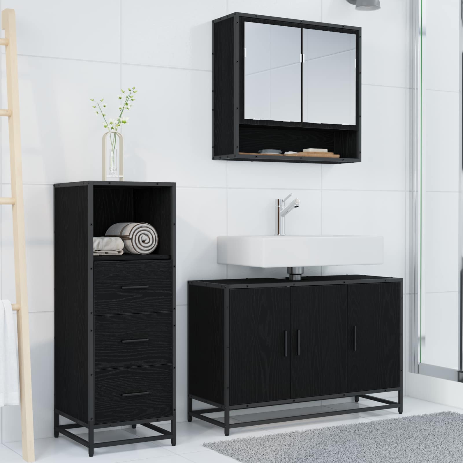 Ensemble de mobilier de salle de bain 3 pièces Chêne noir