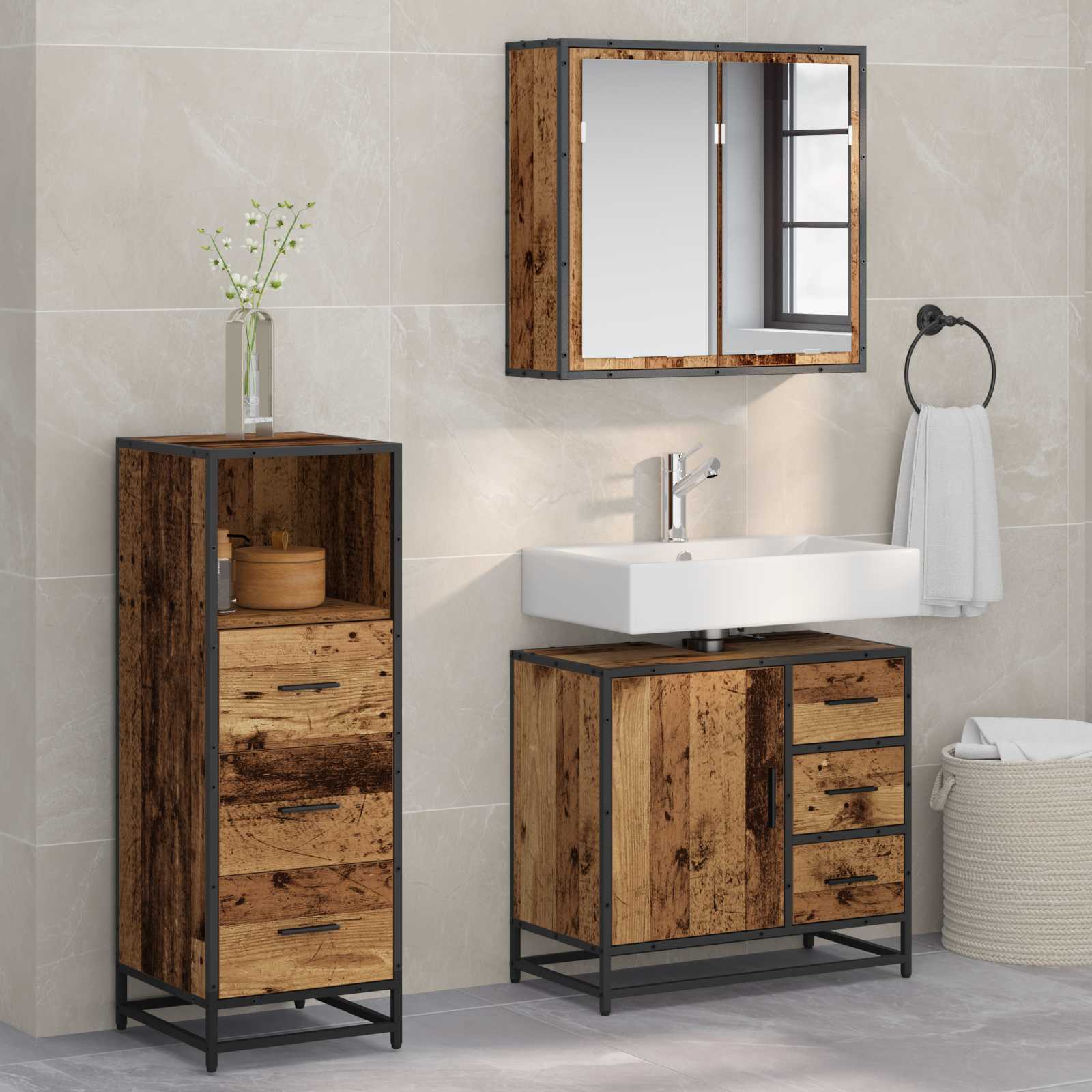 Ensemble de mobilier de salle de bain 3 pc Bois Ancien