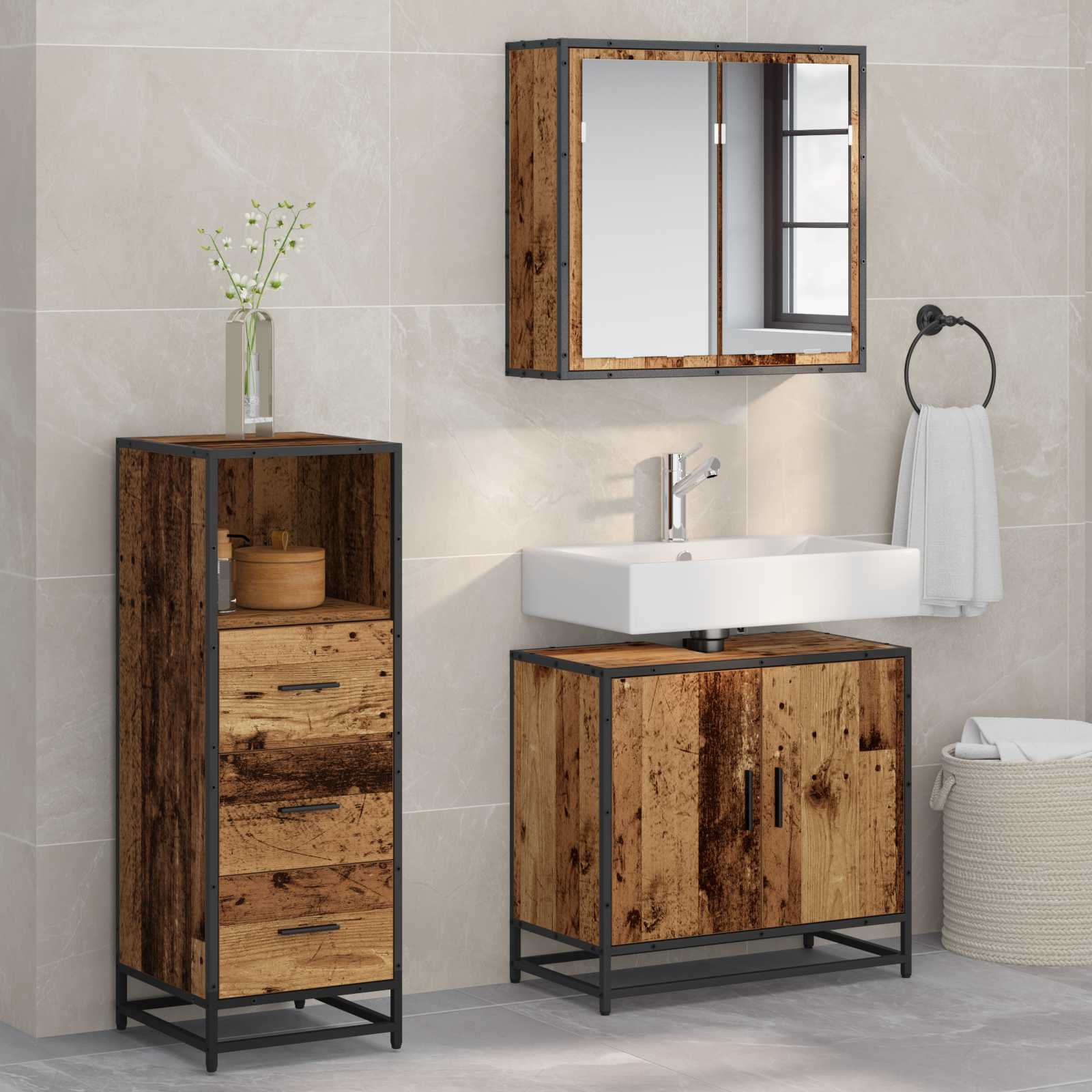 Ensemble de mobilier de salle de bain 3 pc Bois Ancien