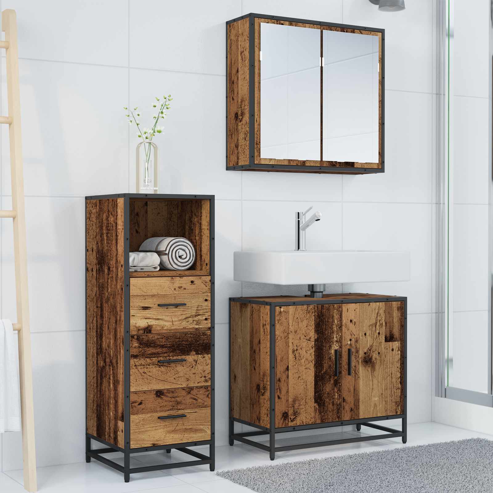 Ensemble de mobilier de salle de bain 3 pc Bois Ancien