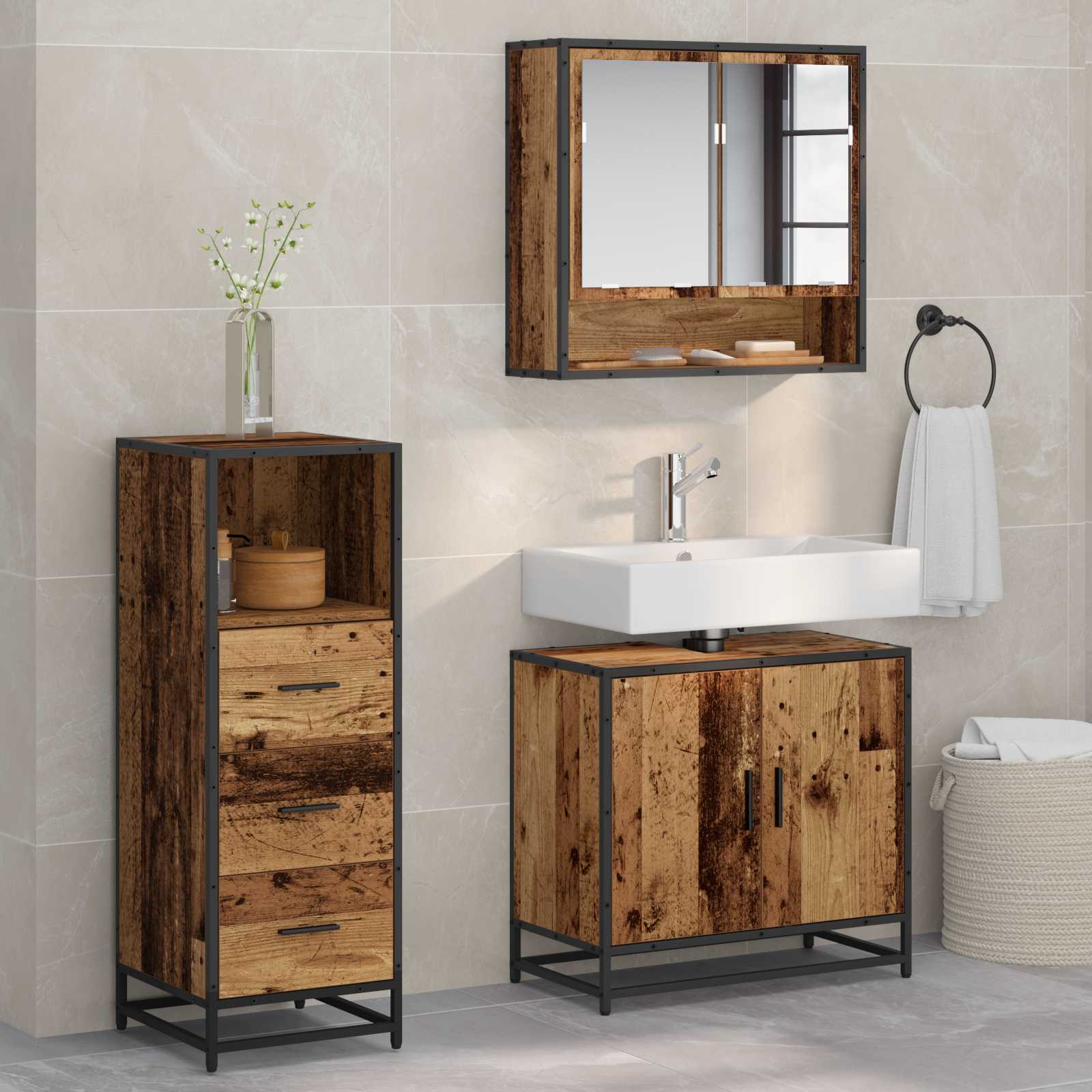 Ensemble de mobilier de salle de bain 3 pc Bois Ancien