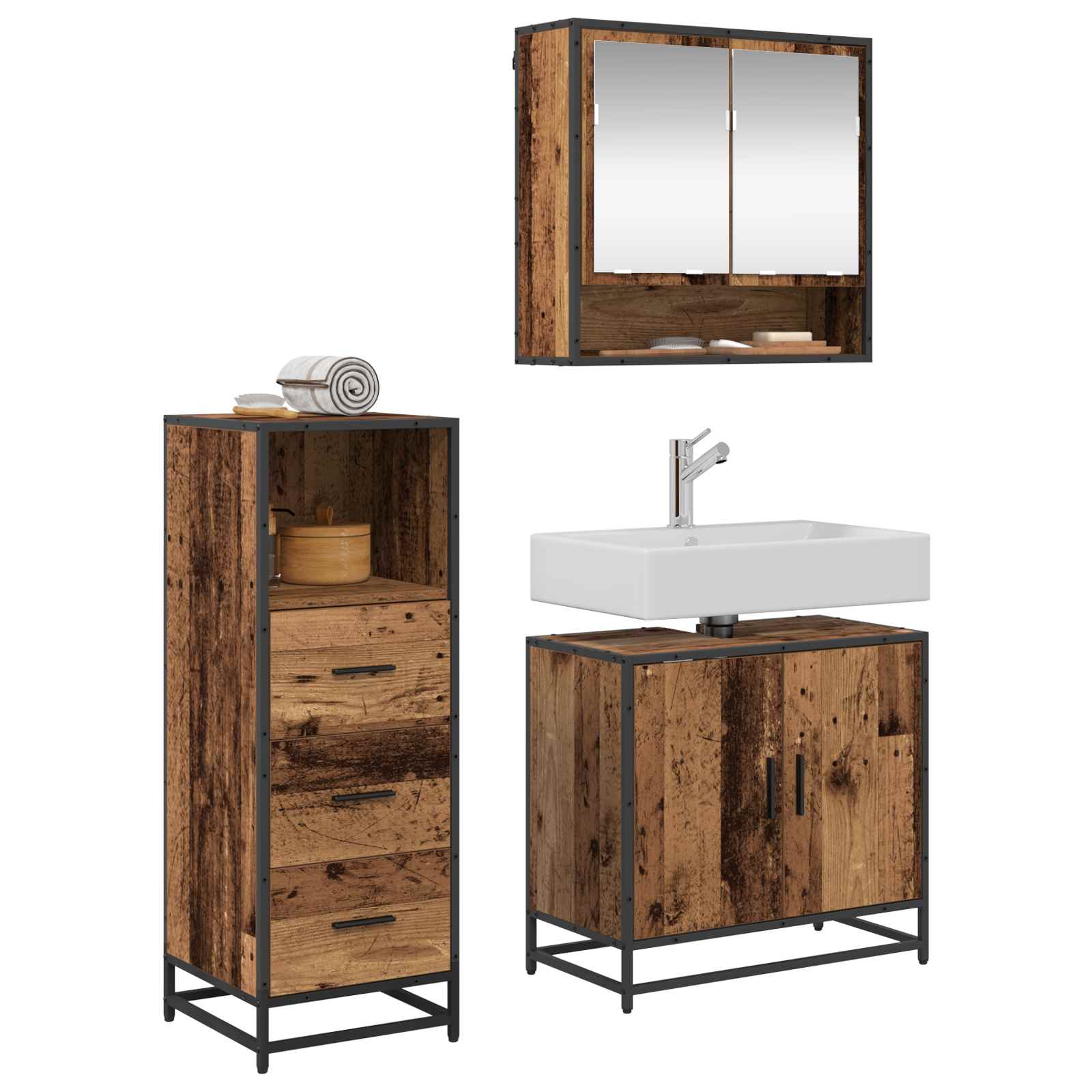 Ensemble de mobilier de salle de bain 3 pc Bois Ancien