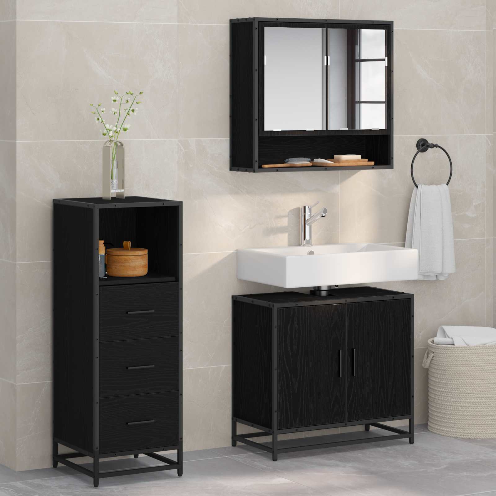 Ensemble de mobilier de salle de bain 3 pc Chêne noir