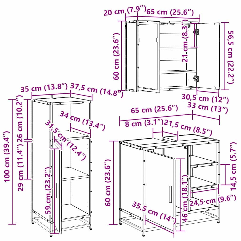 Ensemble de mobilier de salle de bain 3 pc Chêne noir