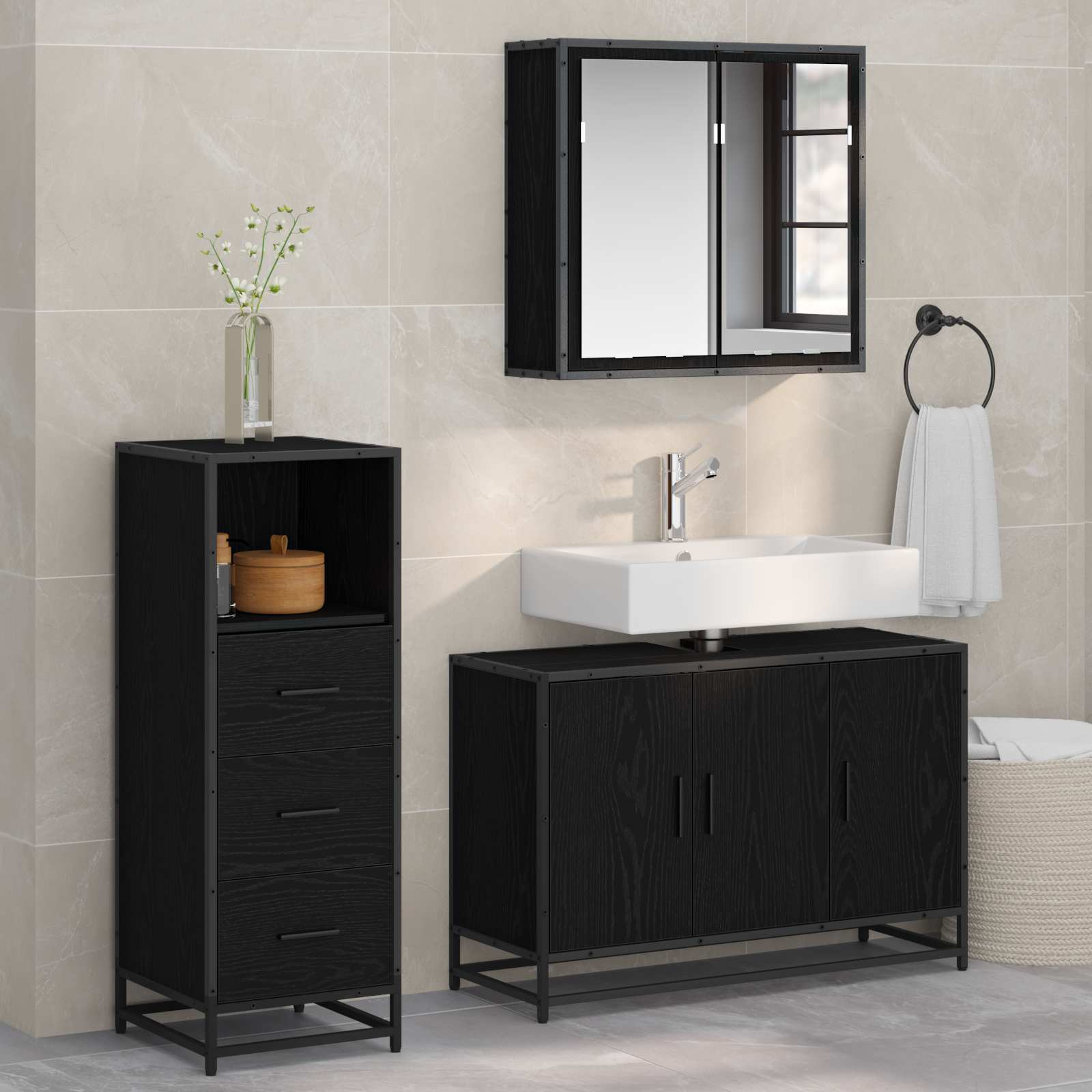 Ensemble de mobilier de salle de bain 3 pièces Chêne noir
