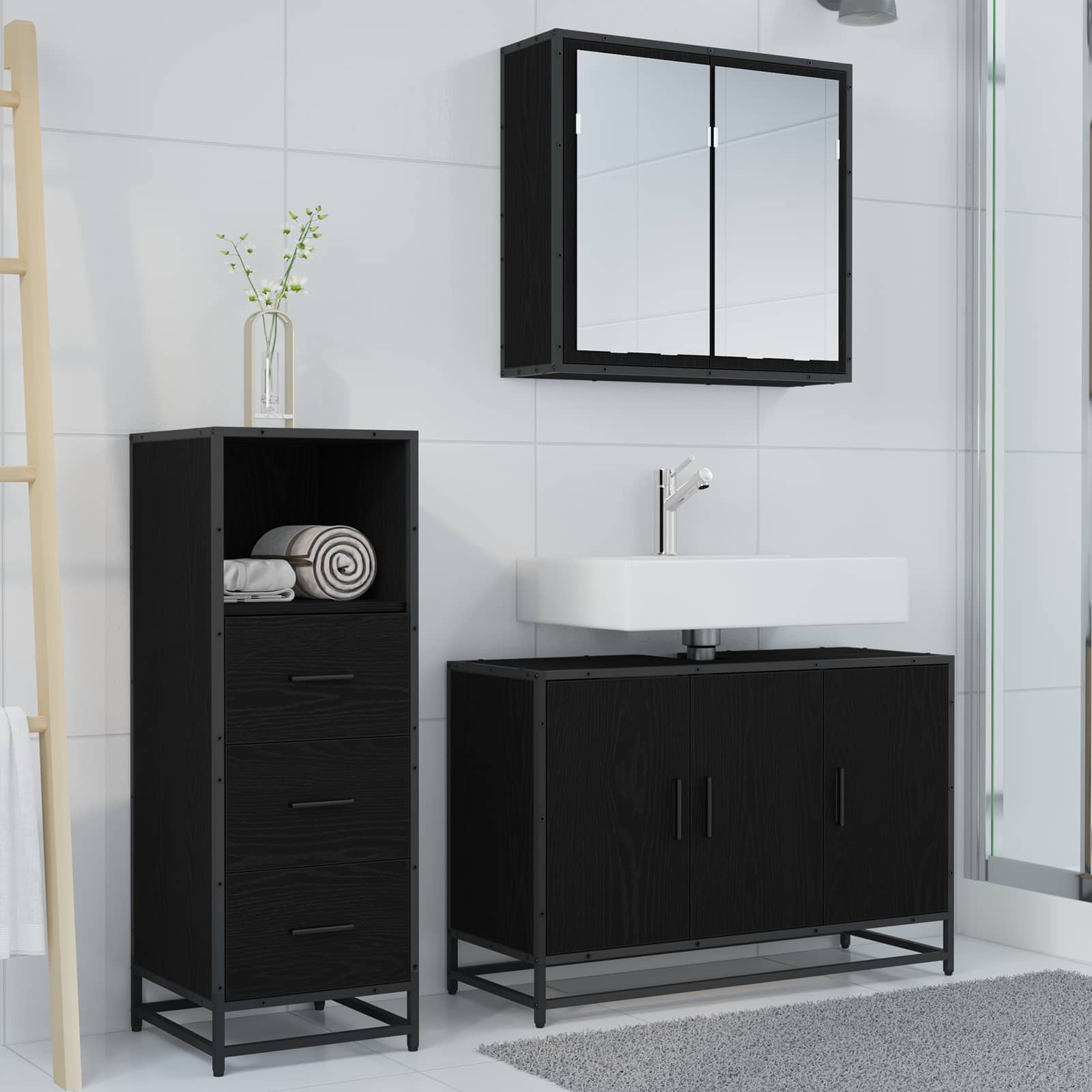 Ensemble de mobilier de salle de bain 3 pièces Chêne noir