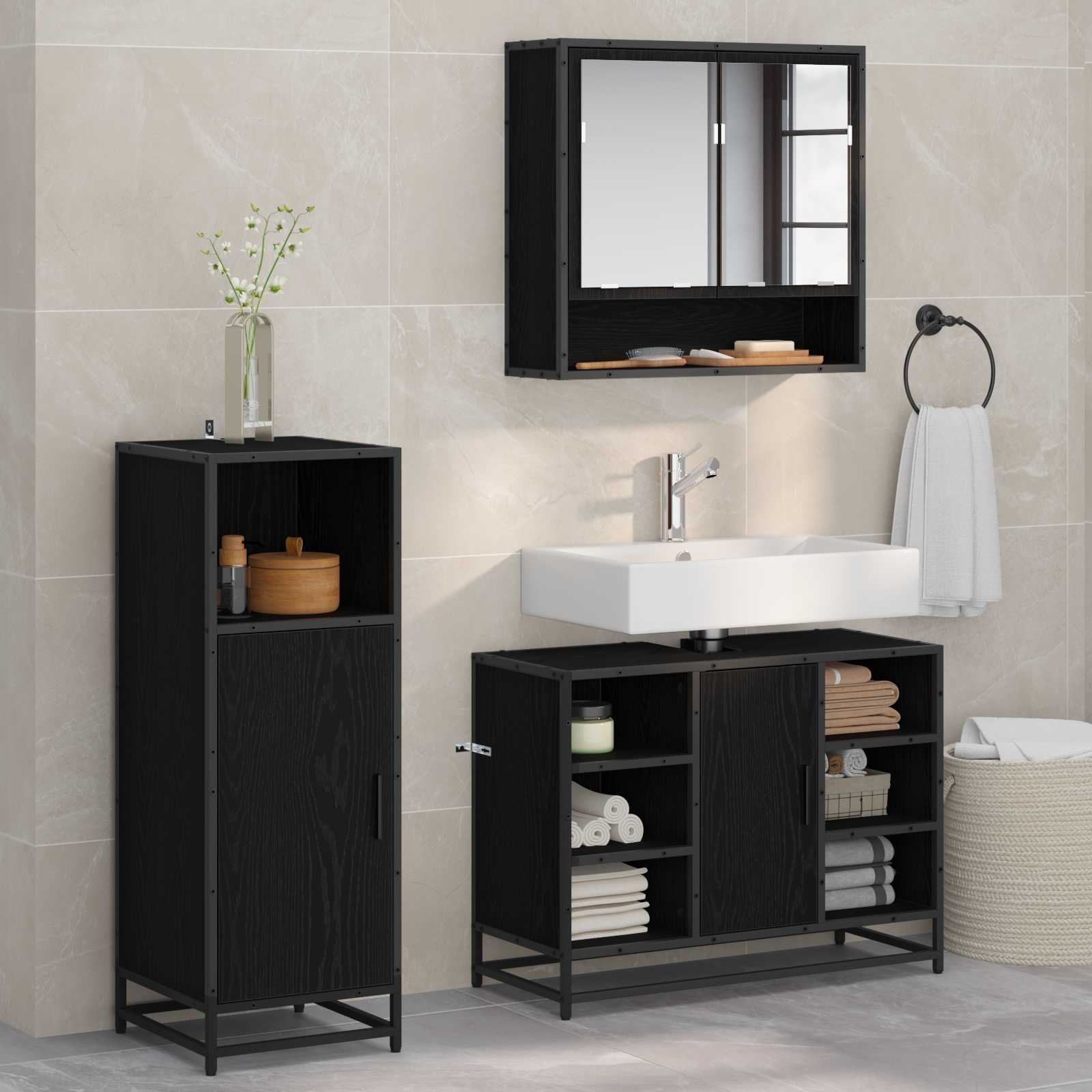 Ensemble de mobilier de salle de bain 3 pièces Chêne noir