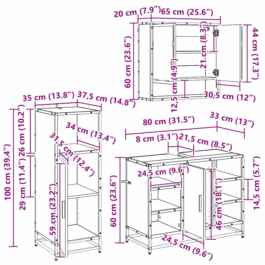 Ensemble de mobilier de salle de bain 3 pièces Chêne noir