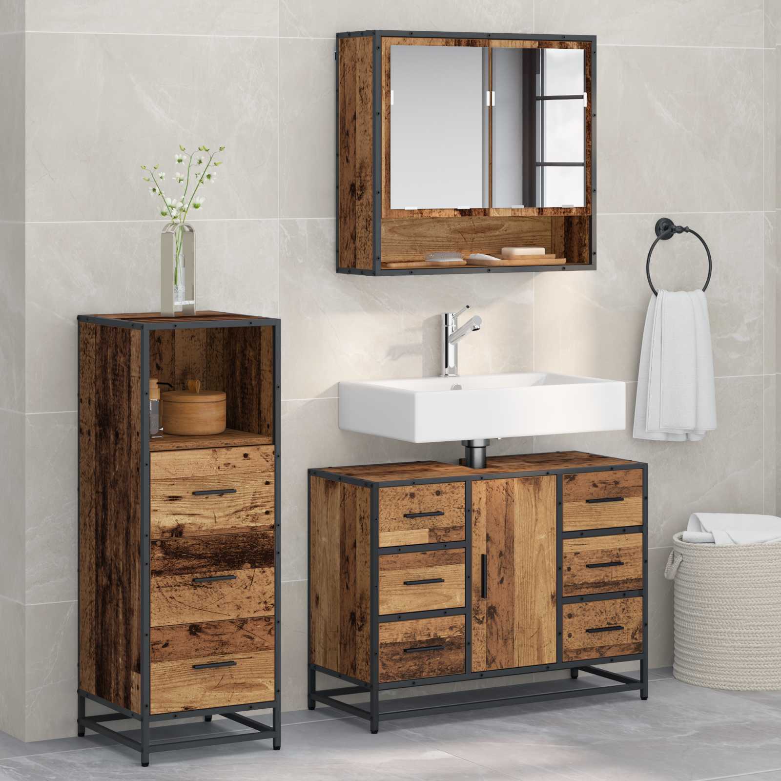 Ensemble de mobilier de salle de bain 3 pc Bois Ancien