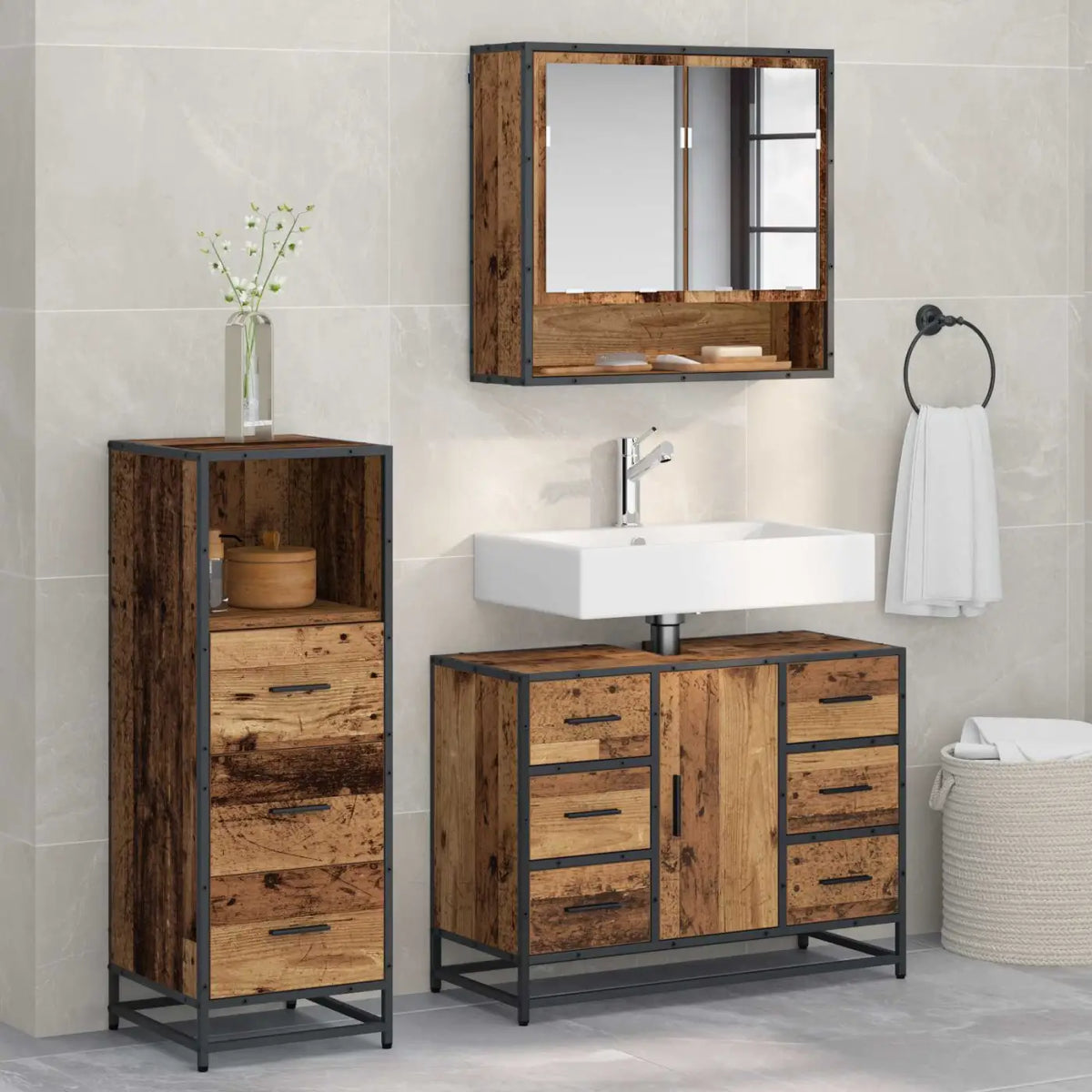 Ensemble de mobilier de salle de bain 3 pc Bois Ancien - XIOS